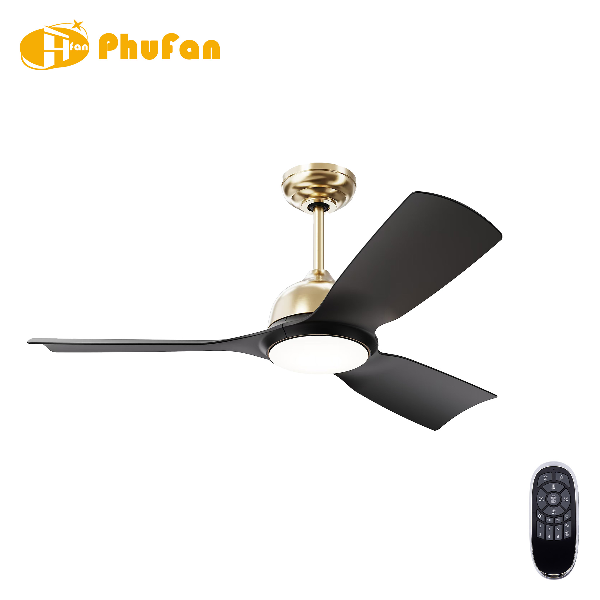 Three curved black ABS blades on a gold fan light, with a round diffuser and handheld remote.