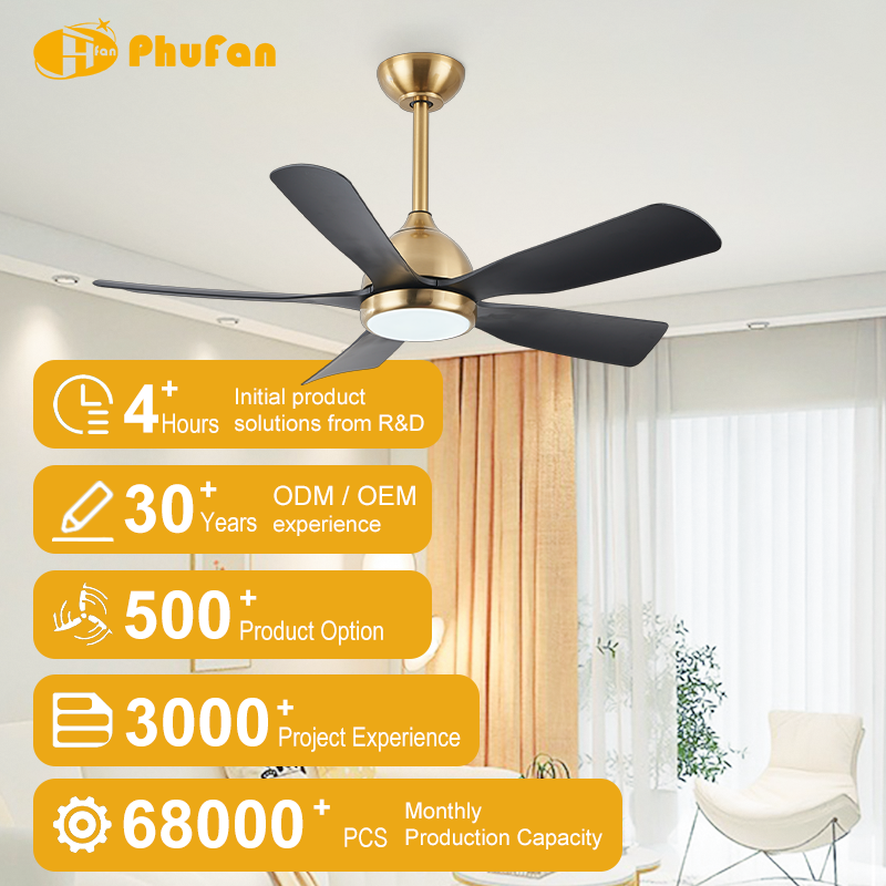 Elegant ceiling fan with light for dining area, gold downrod and black blades in a furnished-room illustration.