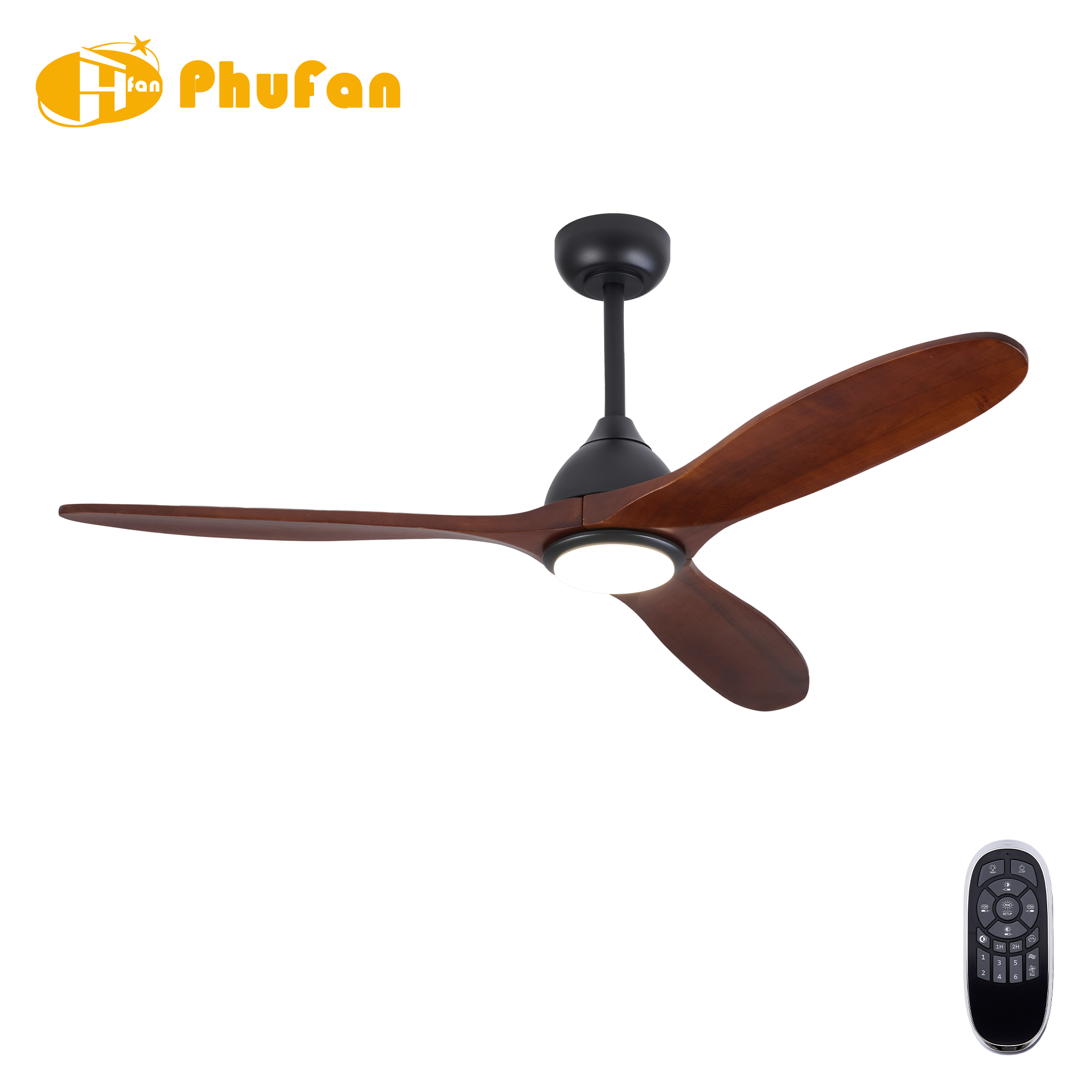 Solid Wood Blades Ceiling Fan, Dimmable LED Light & Remote Control for Bedroom