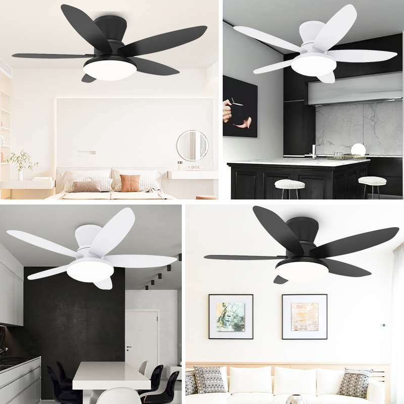 Compact Modern Ceiling Fan with Light - Black or White Hugger
