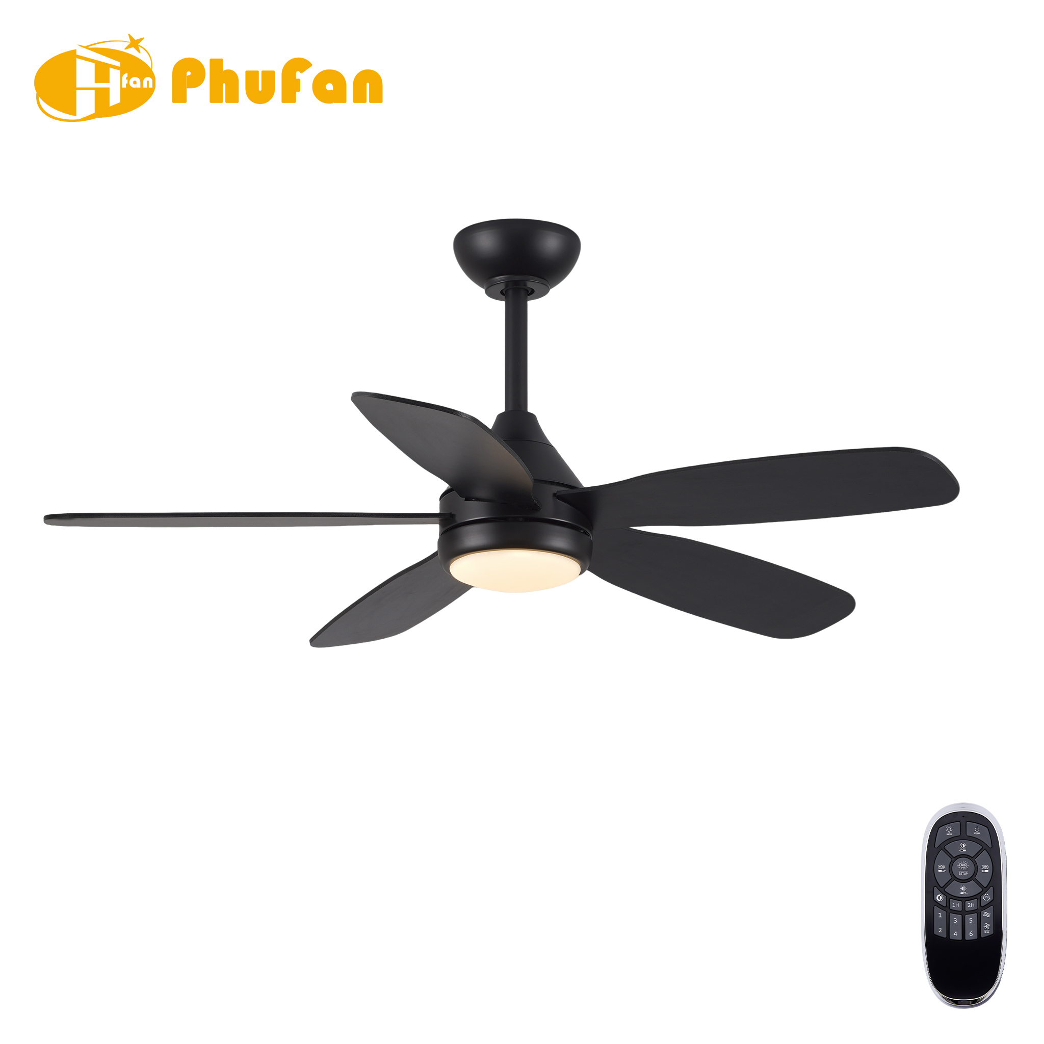 Five rounded black blades on a black fan with a round LED diffuser, shown beside a handheld remote.