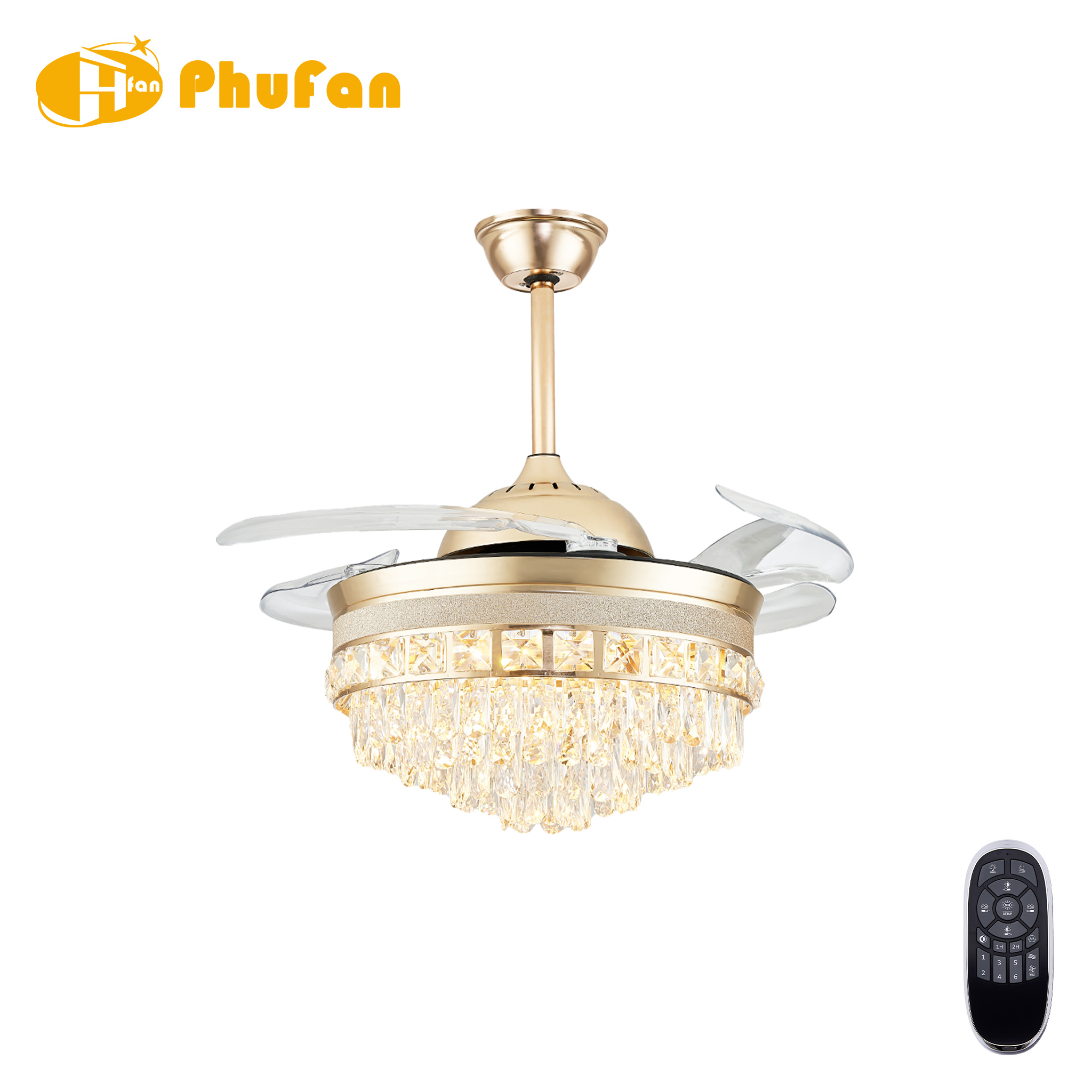 Gold crystal fan light with clear retractable blades and a faceted drum shade, shown with a handheld remote.