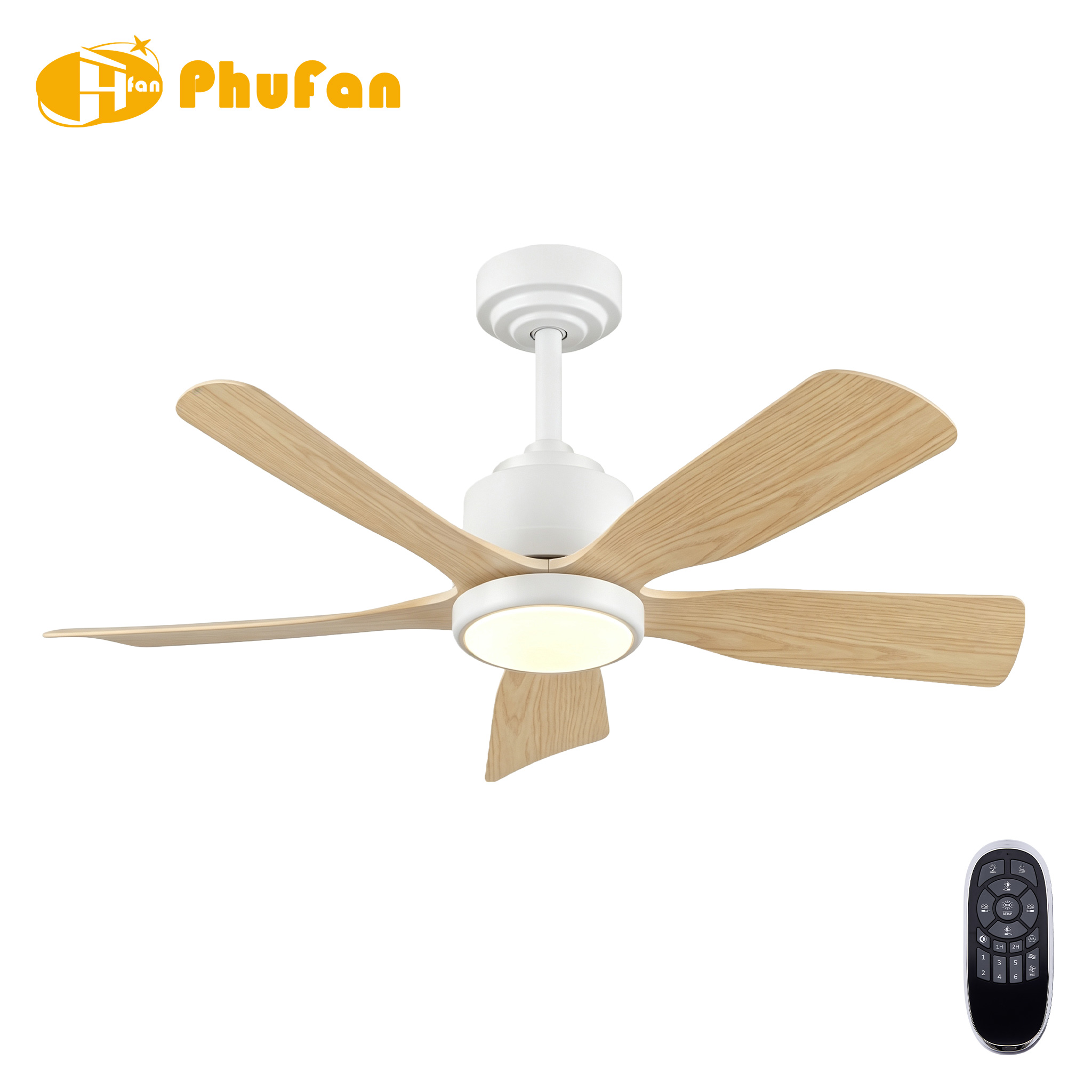Five light oak-grain ABS blades on a white fan light, with gold trim around the illuminated diffuser.