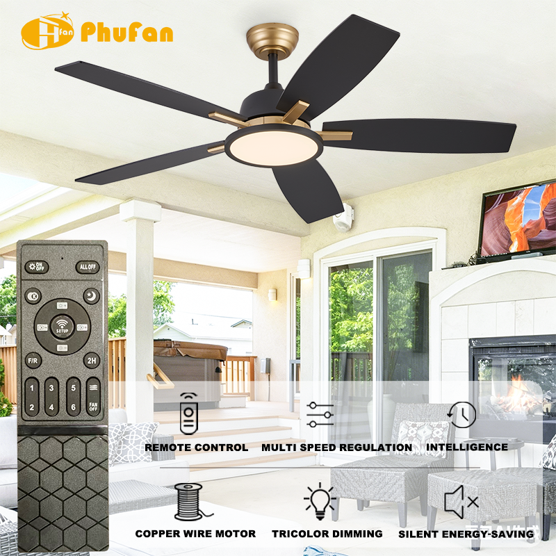 Black and brass fan light with five straight blades, shown with remote-control feature icons in a living-room illustration.