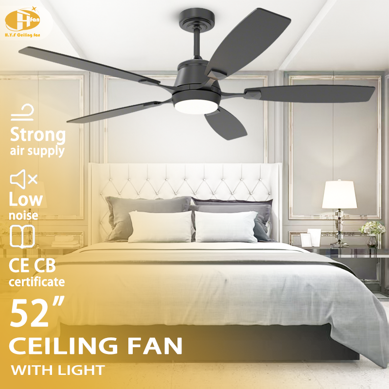 52 inch ceiling fan with light for bedroom, black five-blade design in a bedroom illustration with a size label.