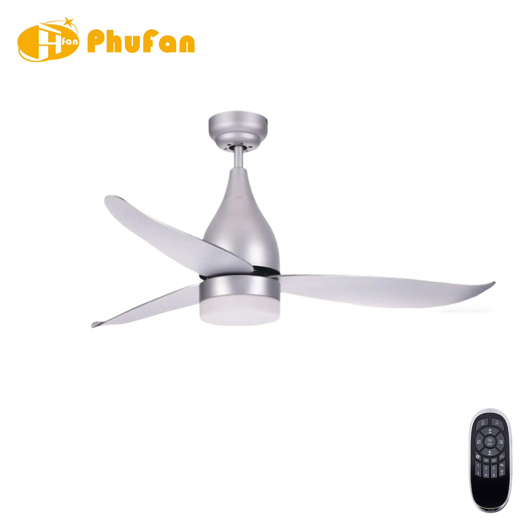 Brushed nickel fan light with three curved silver ABS blades and a teardrop motor housing, beside a remote.