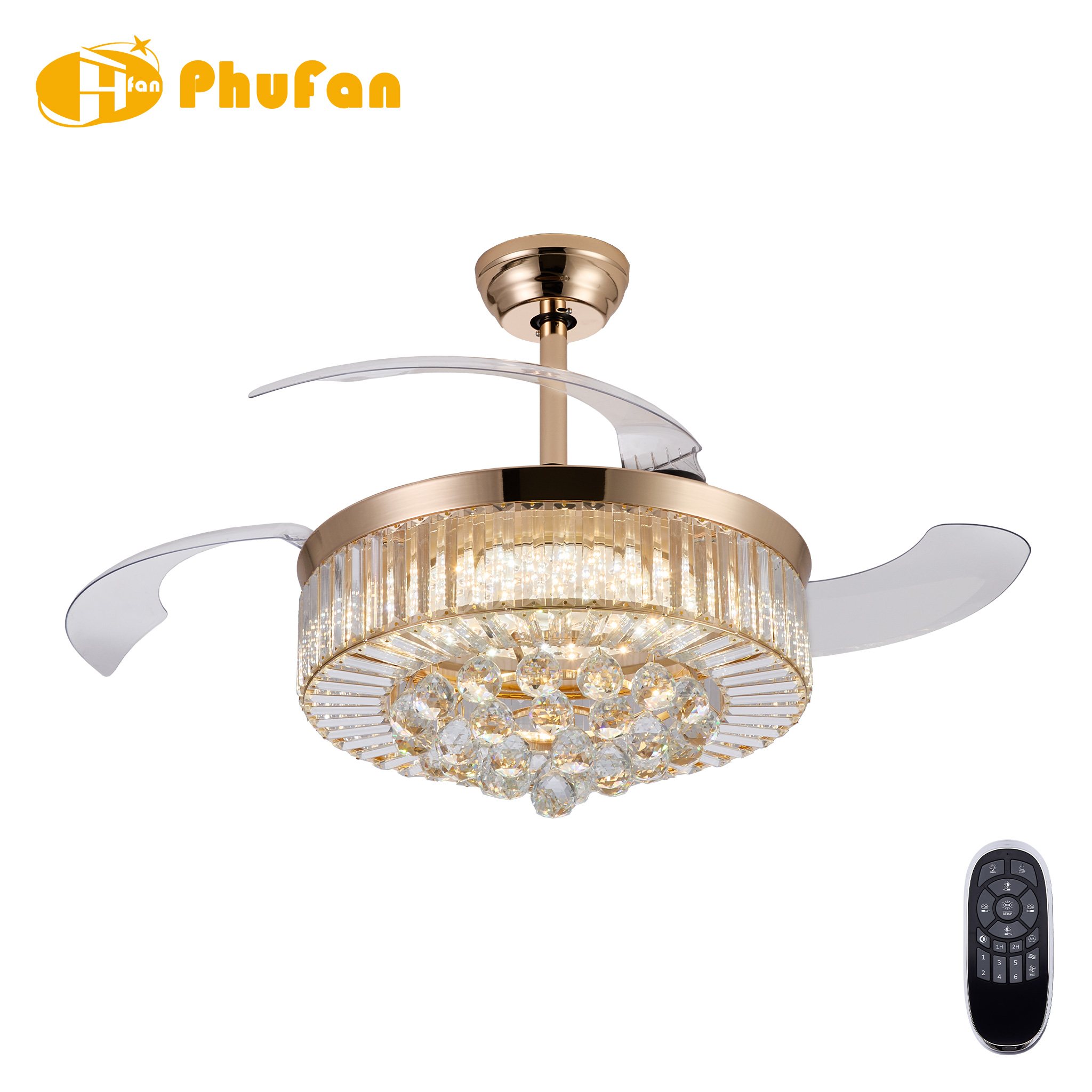 Elegant ceiling fan with light and quiet motor, gold crystal drum shade and four clear retractable blades beside a remote.