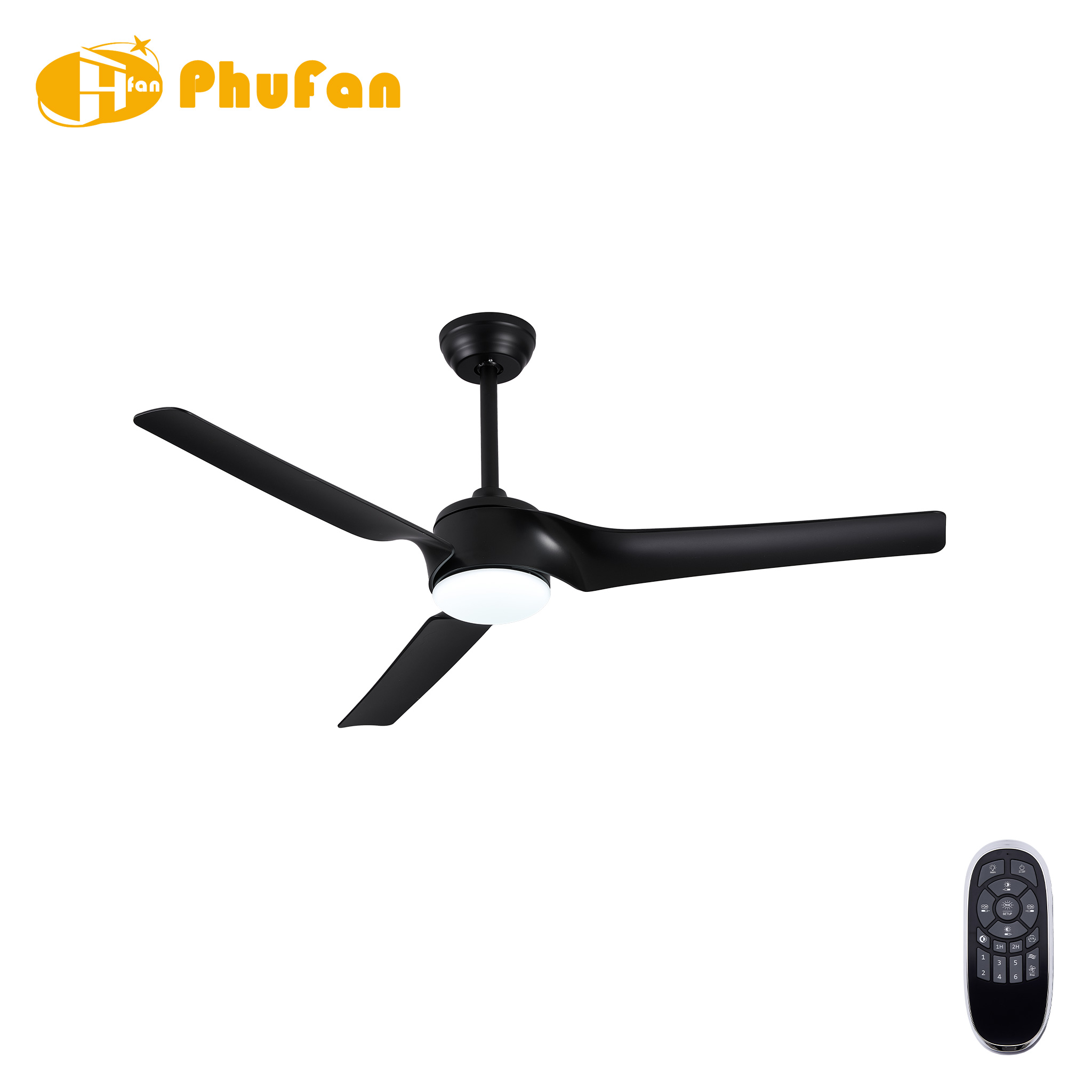 52 or 60 inch matte black ceiling fan with light, three curved ABS blades and a matching downrod beside a remote.