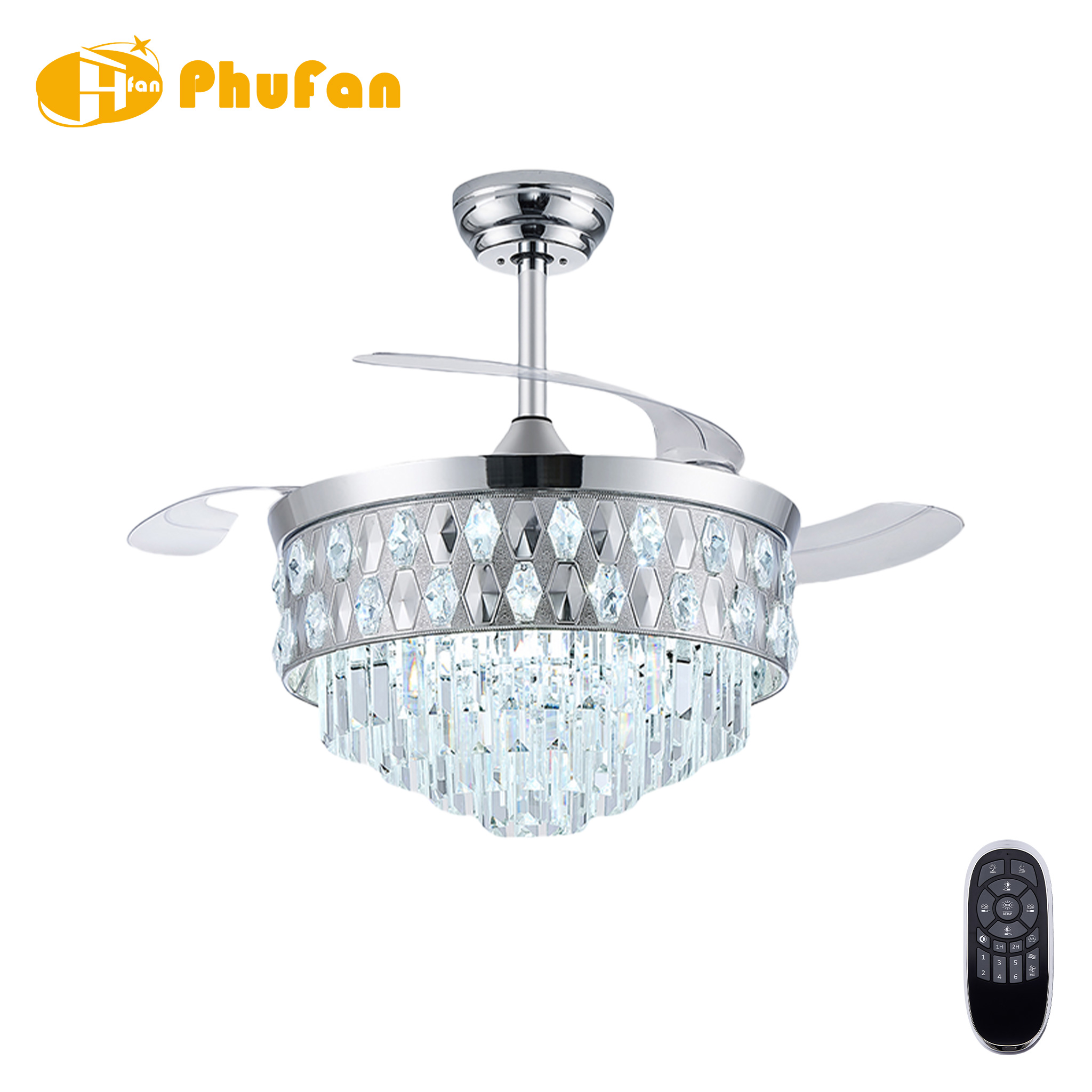 Chrome retractable fan light with clear blades, a geometric crystal band and tiered pendants, pictured beside its remote.