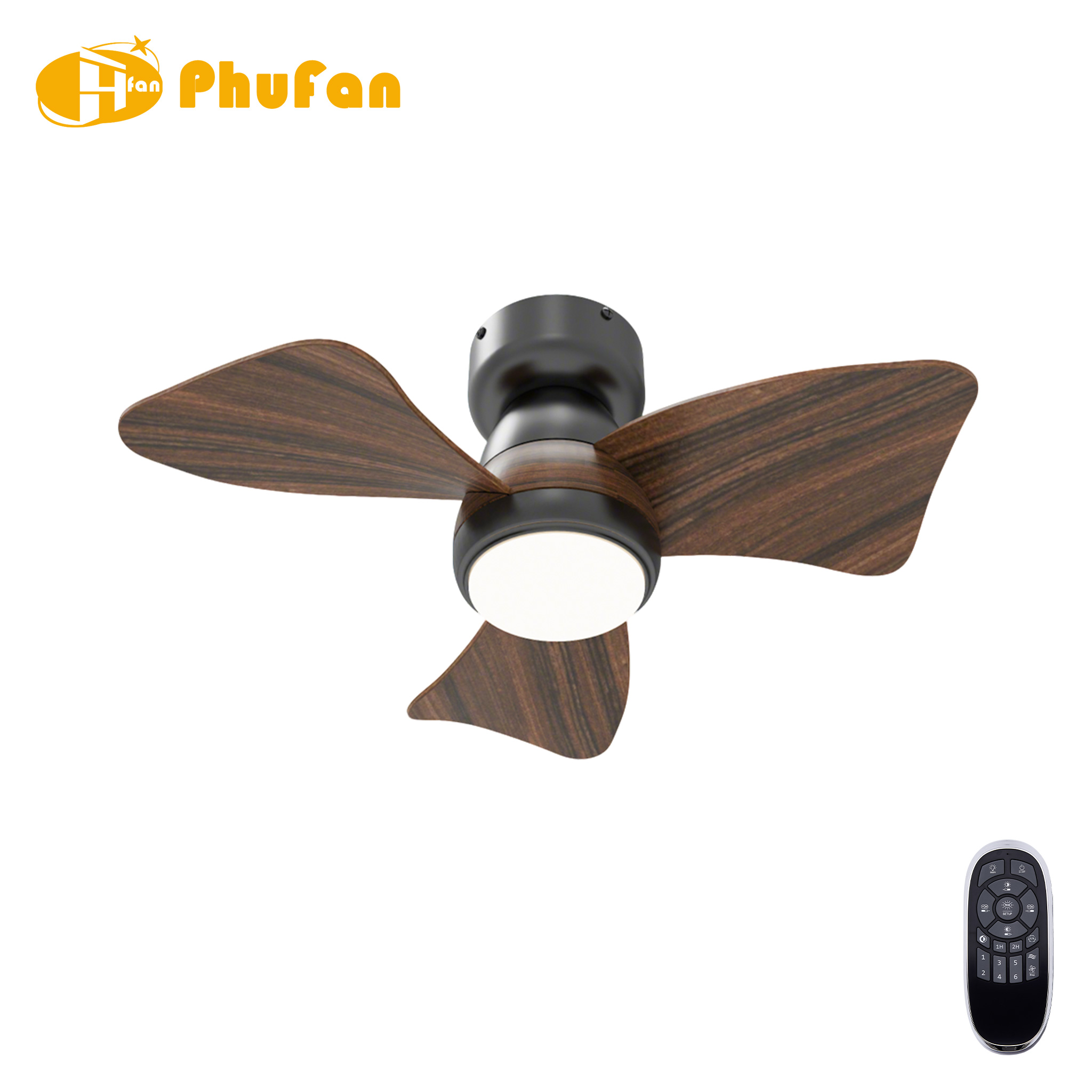 Compact flush-mount fan light with three wood-grain ABS blades and black housing, shown beside the remote.