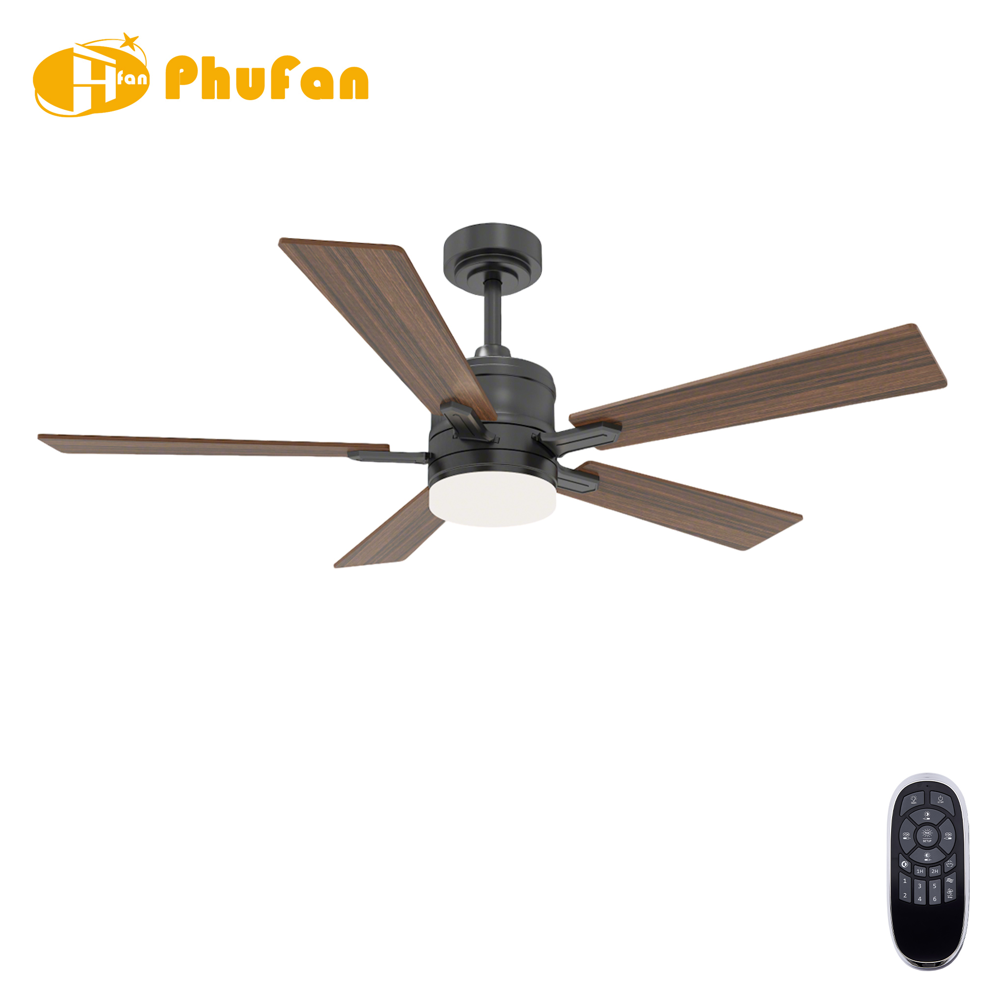 5-Blade Ceiling Fan, Reversible Blades, Dimmable Central LED Light & Hand Remote