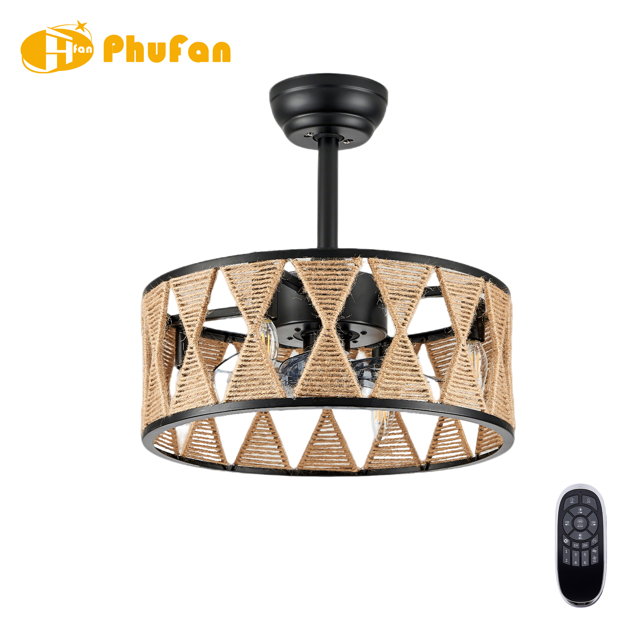 Boho ceiling fan with light and DC motor, woven rattan cage, black frame and handheld remote on a white background.