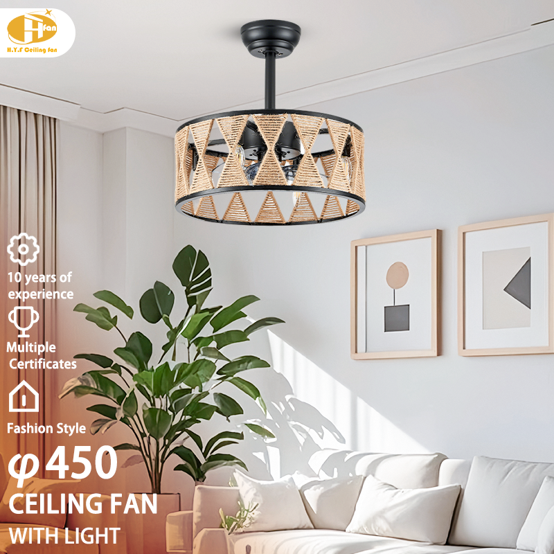 Boho ceiling fan with light for living room, rattan drum shade shown above a sofa in an interior illustration.