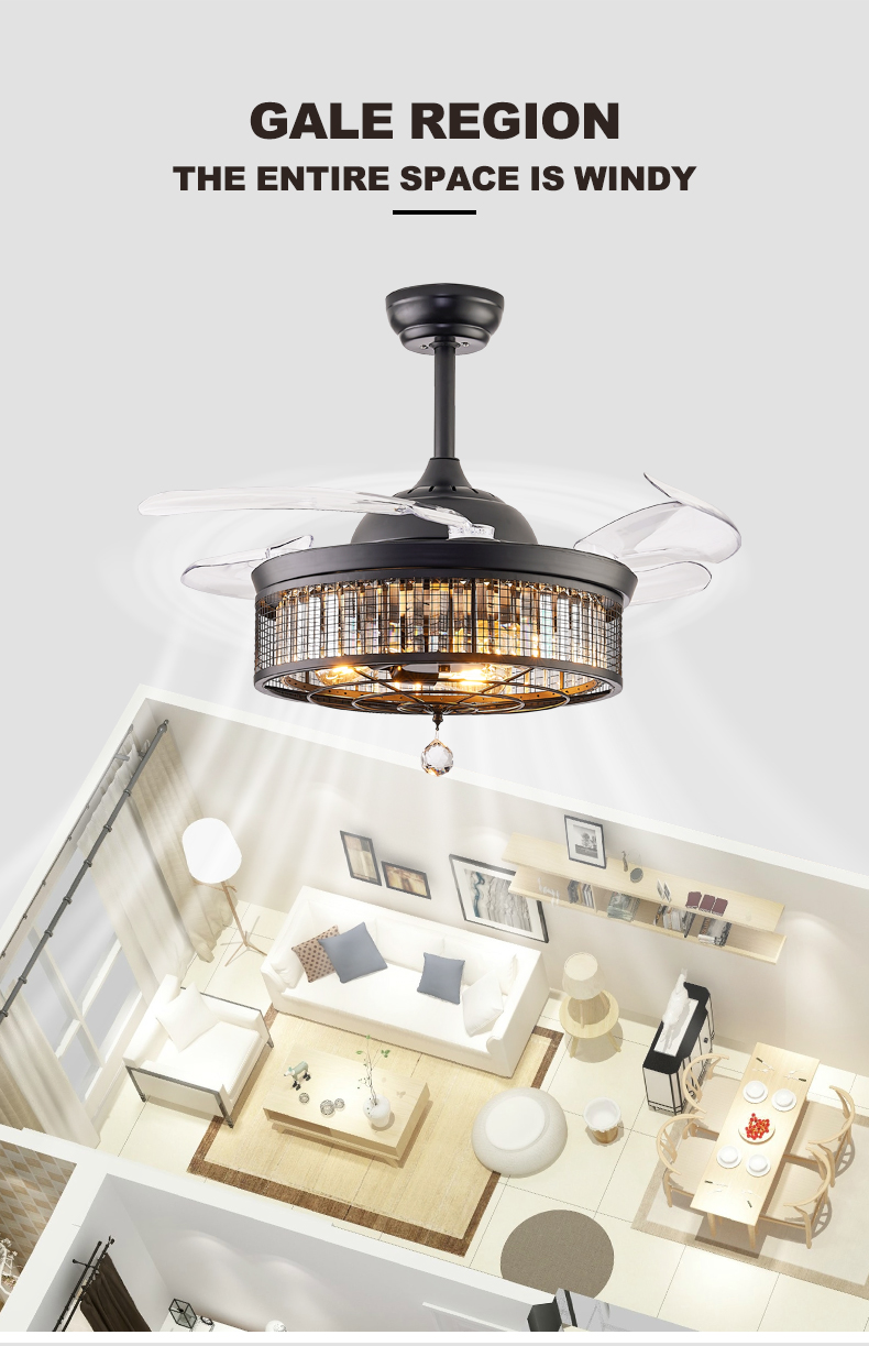 Mesh Crystal Retractable Fan Light Fixture Remote Dimmable Ventilation Lamp