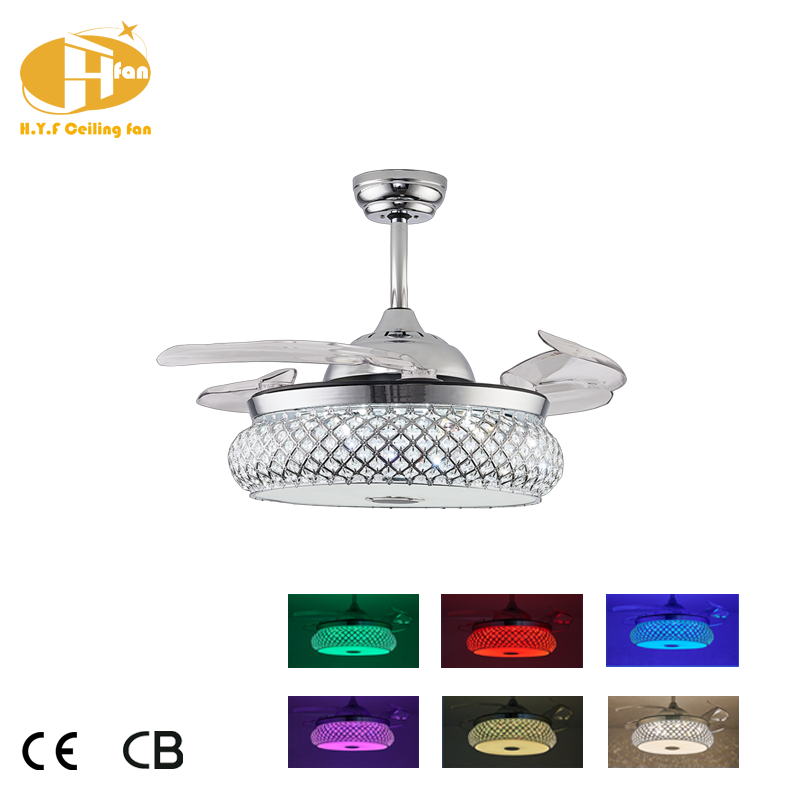 Thumbnail: Diamond Crystal Mesh RGB Retractable Fan Light Fixture  for Bedroom