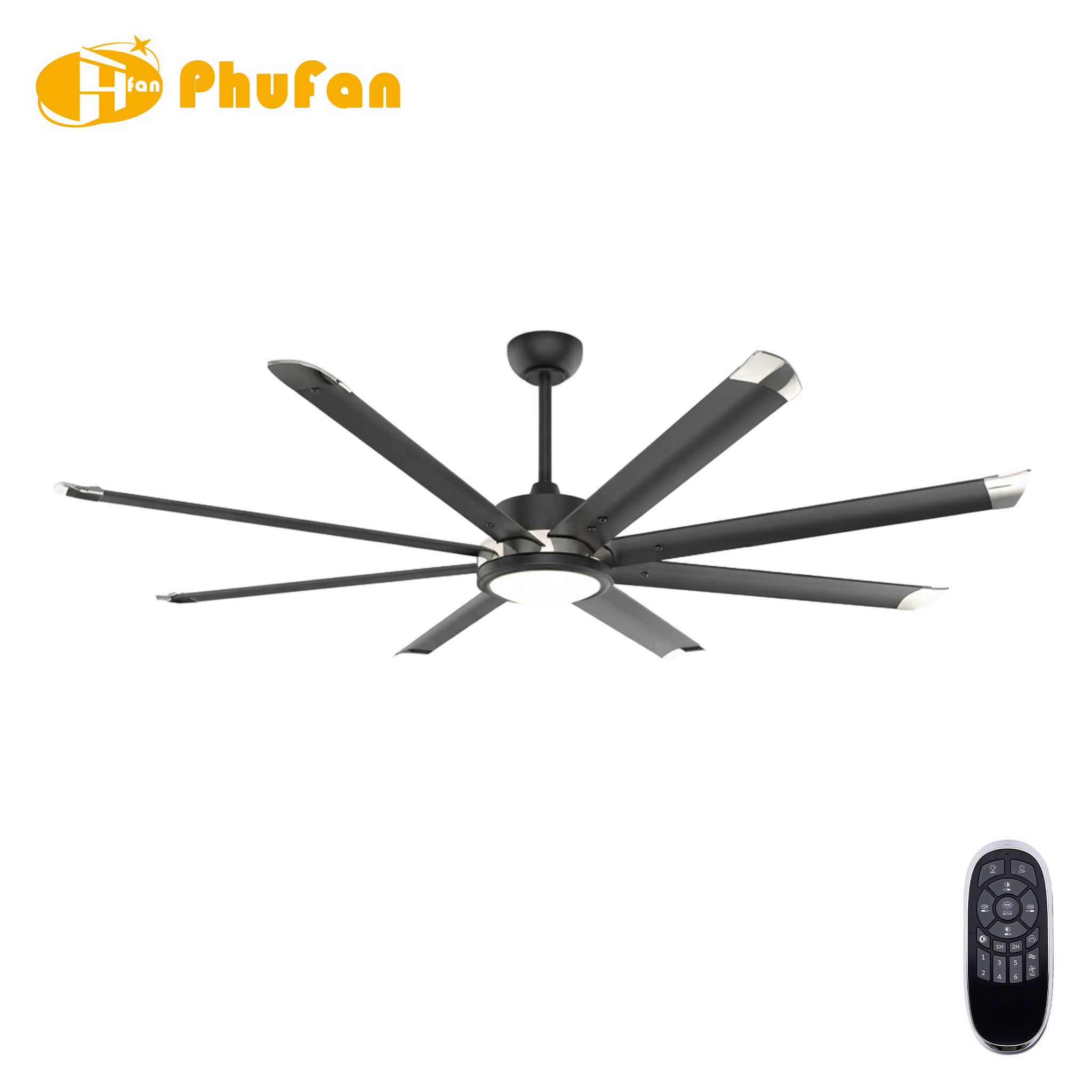 Eight slim black blades with silver tips on a large fan light, shown with a downrod and handheld remote.