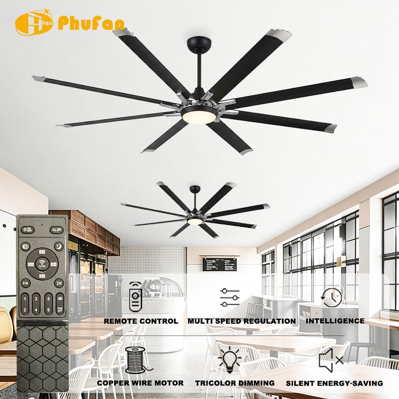 Large Industrial Ceiling Fan with Light - 8 Blades with Silver Tips