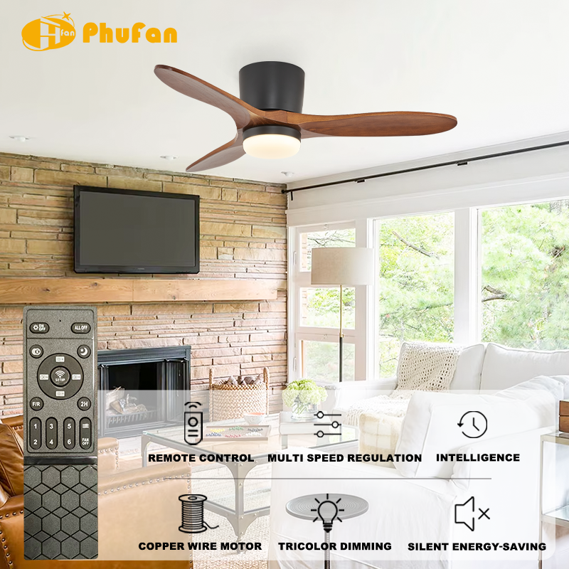 Low profile ceiling fan with light for family room, three black solid-wood blades shown above a sofa near a fireplace.