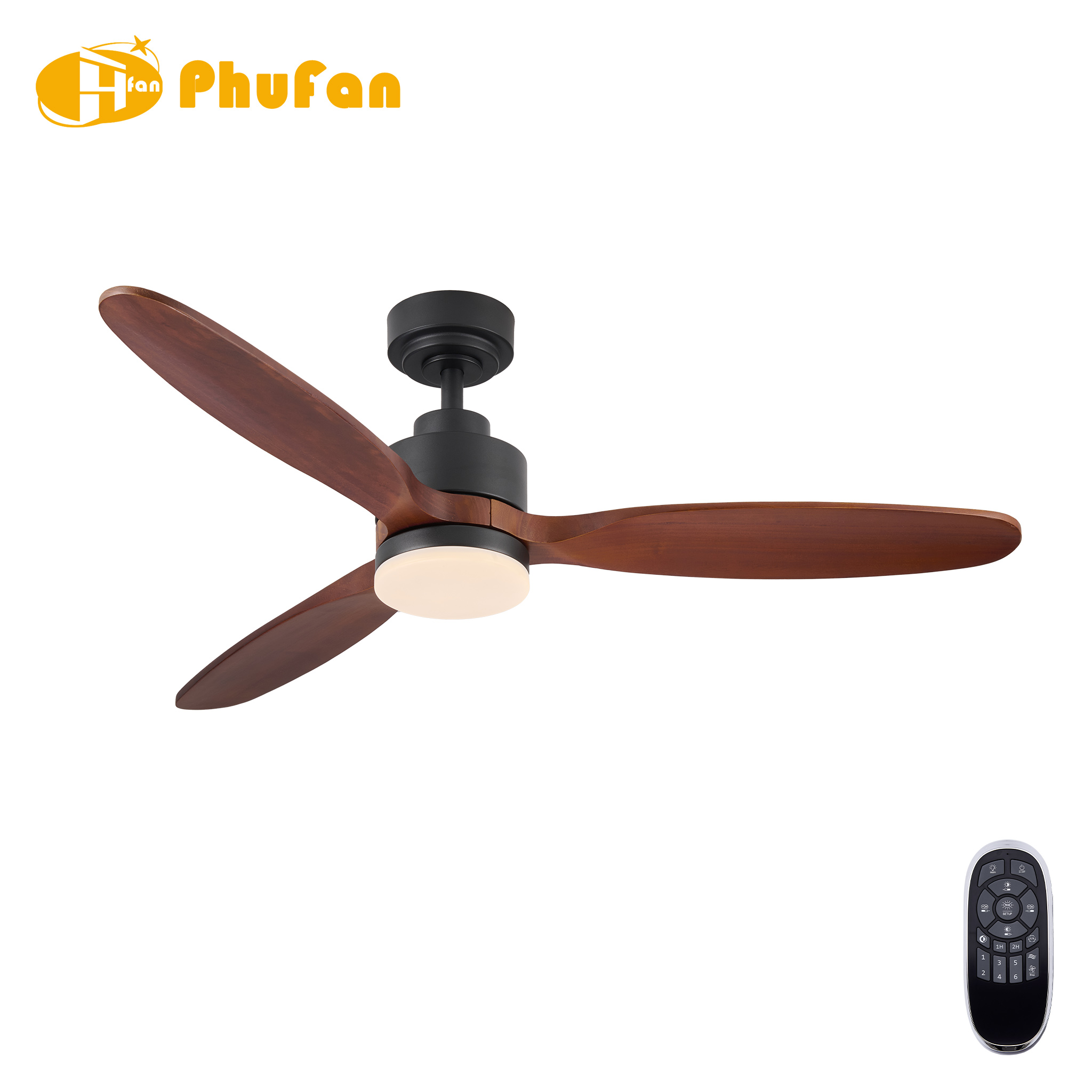 Natural wood ceiling fan with light for kitchen, three solid-wood blades and black housing pictured with a remote.