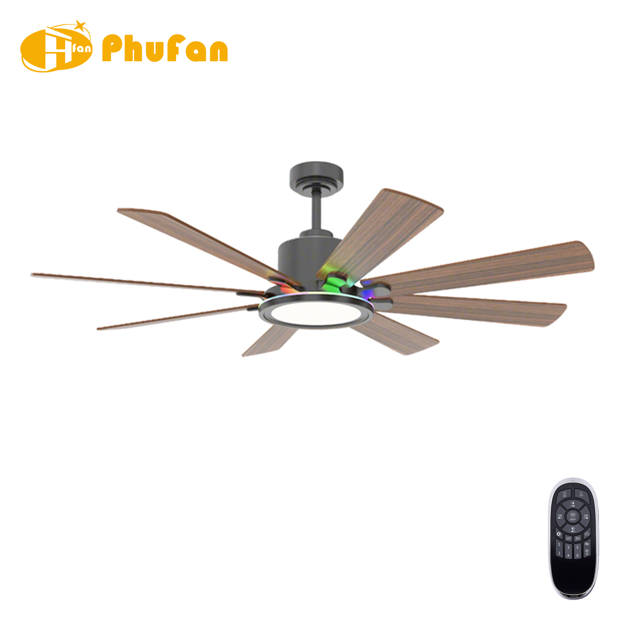 Eight wood-grain blades on a black fan light, with an RGB accent ring above the main LED panel and a handheld remote.