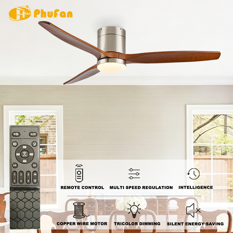 Hugger ceiling fan with light for living room, brushed nickel housing and three wood-tone blades in a sofa-area illustration.
