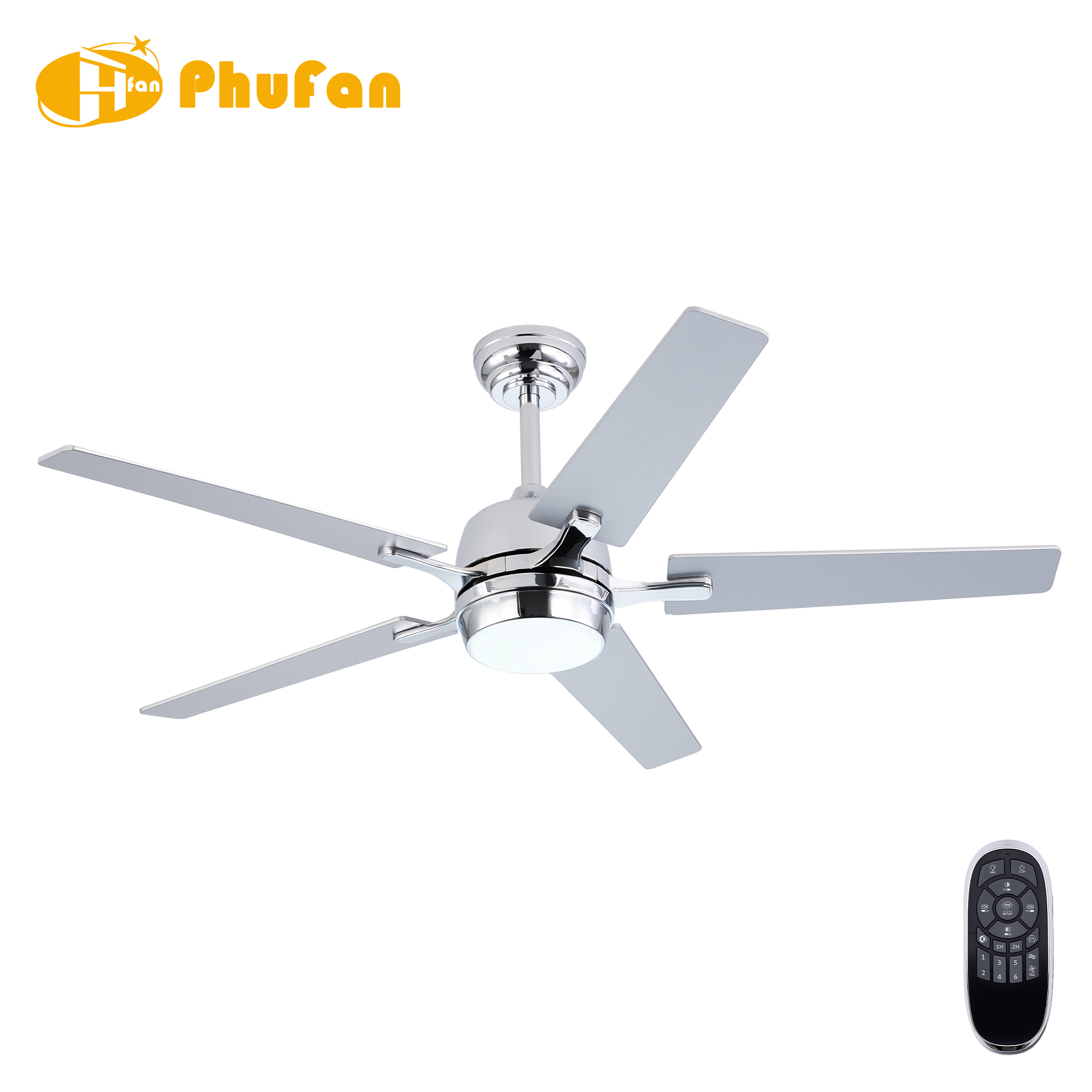 Chrome fan with five silver blades, a circular LED light and matching downrod, pictured beside the remote.