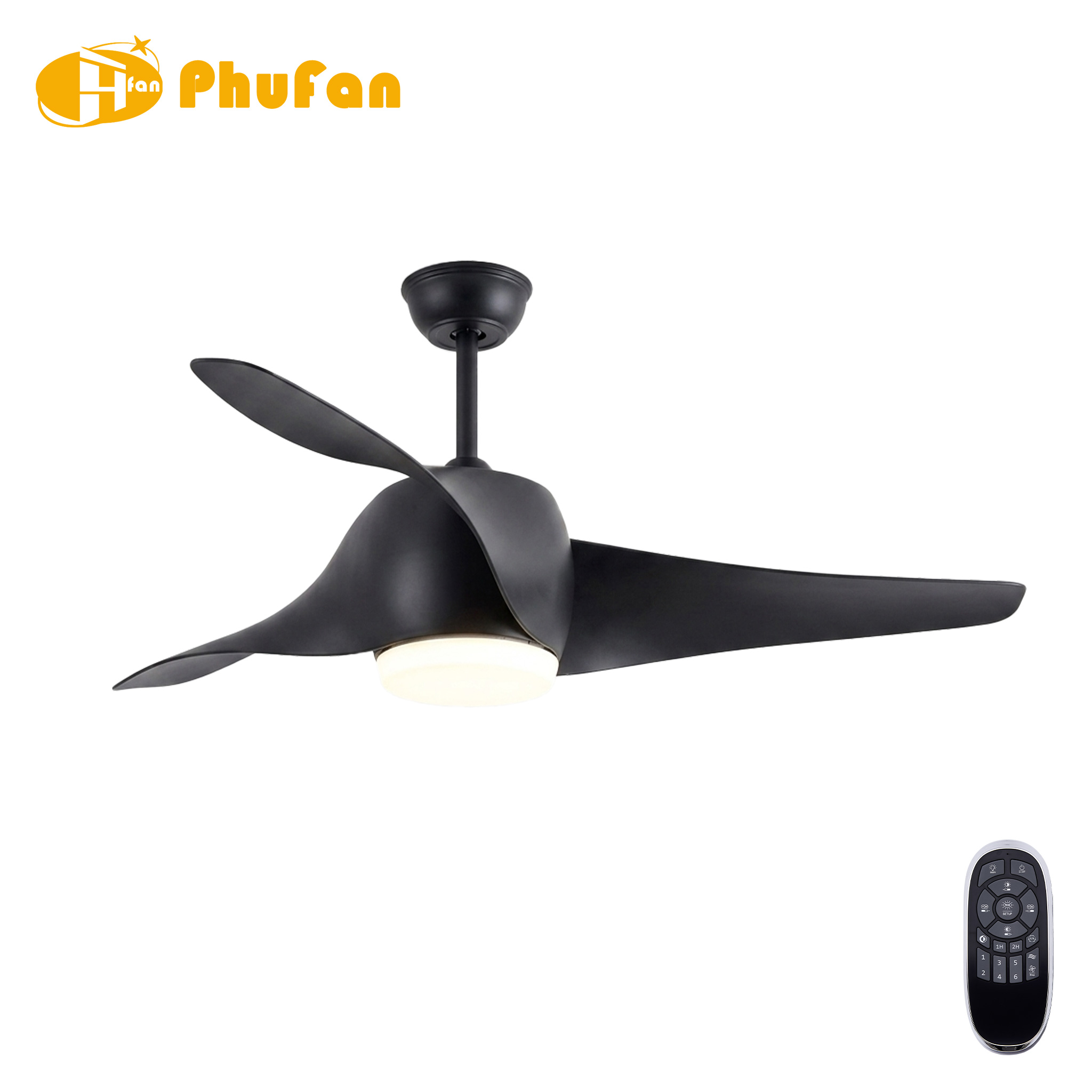 All-black ceiling fan with three curved ABS blades and an integrated round light, pictured beside its remote.