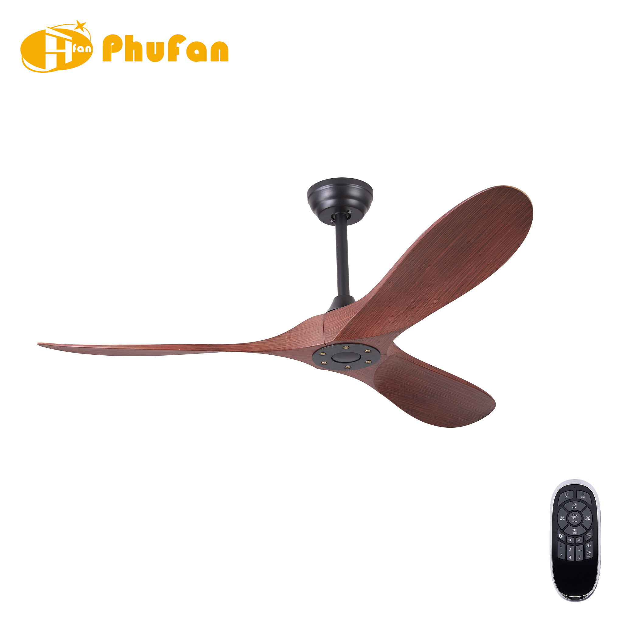 No Light 3 Aerodynamic Wood Grain Ceiling Fan, Wide Curved Dark Walnut ABS Blade