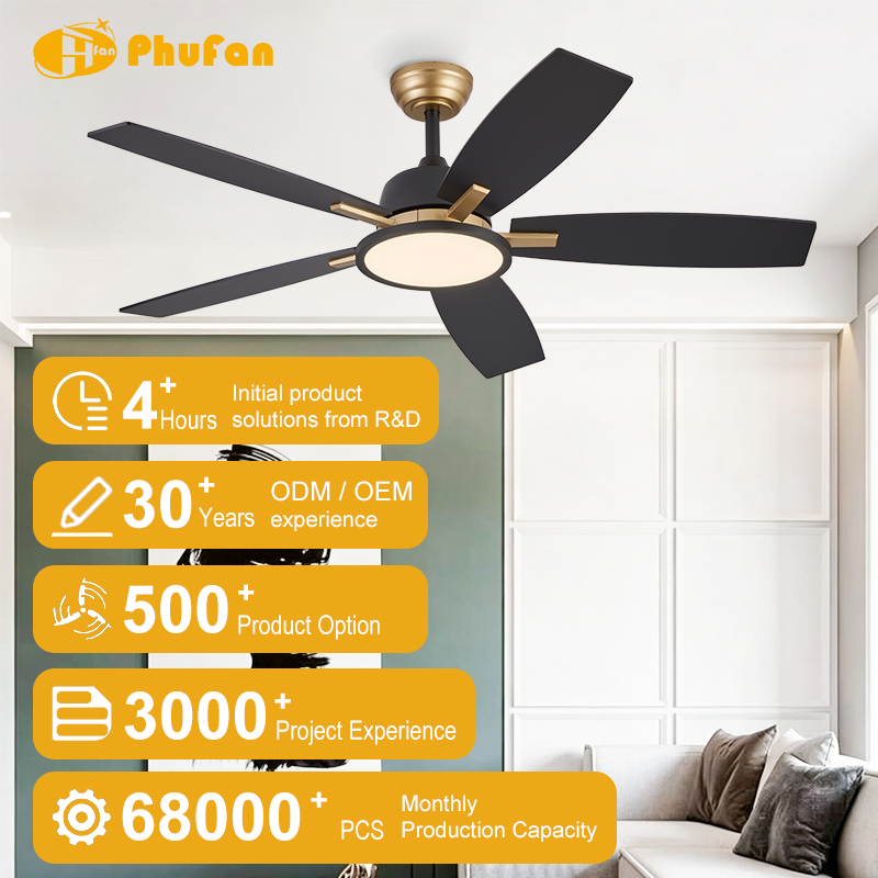 Compact industrial ceiling fan with light in a living room illustration, with black blades and gold trim.