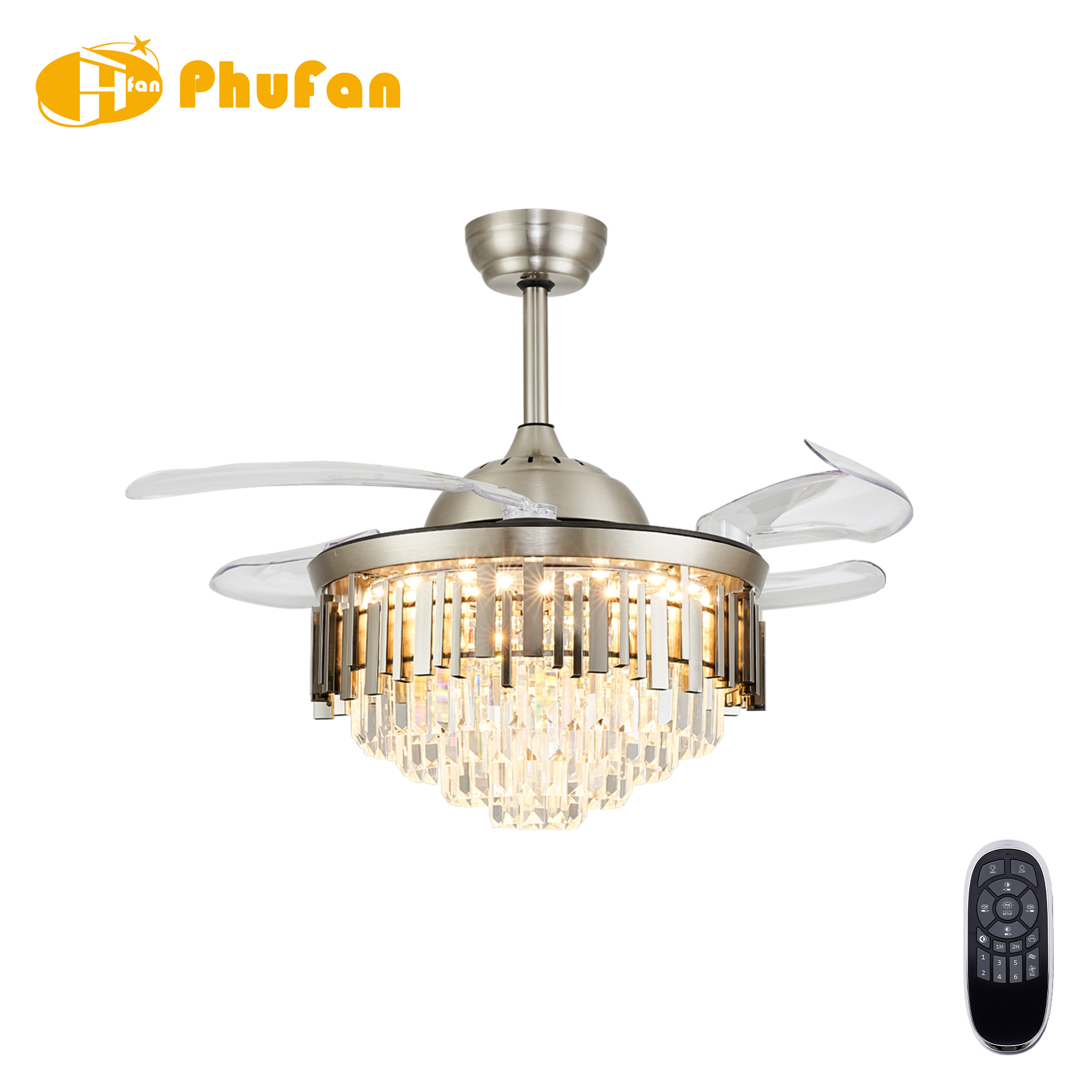 Brushed nickel retractable fan light with clear blades, vertical frame details and a tiered crystal shade, beside its remote.