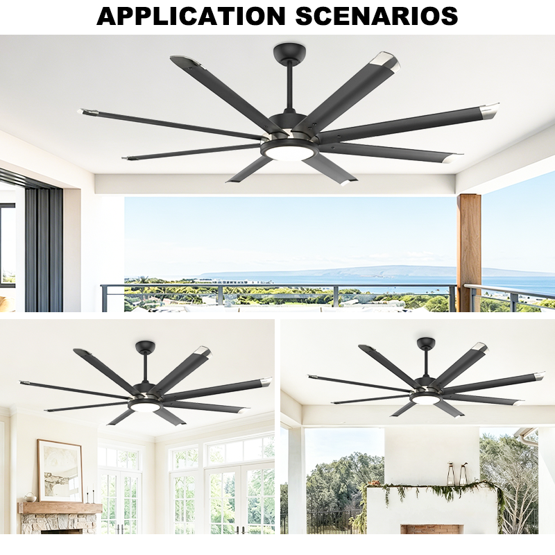 Large Ceiling Fan with Light - 8 Black Blades with Silver Tips