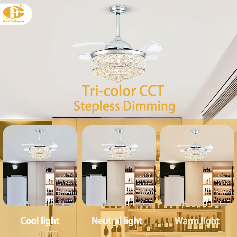 Crystal Retractable Ceiling Fan with Light Remote Control & DC Motor for Bedroom