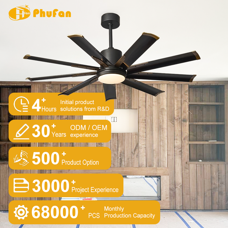 Luxury ceiling fan with light for living room, nine black blades with gold tips in a wood-paneled interior illustration.