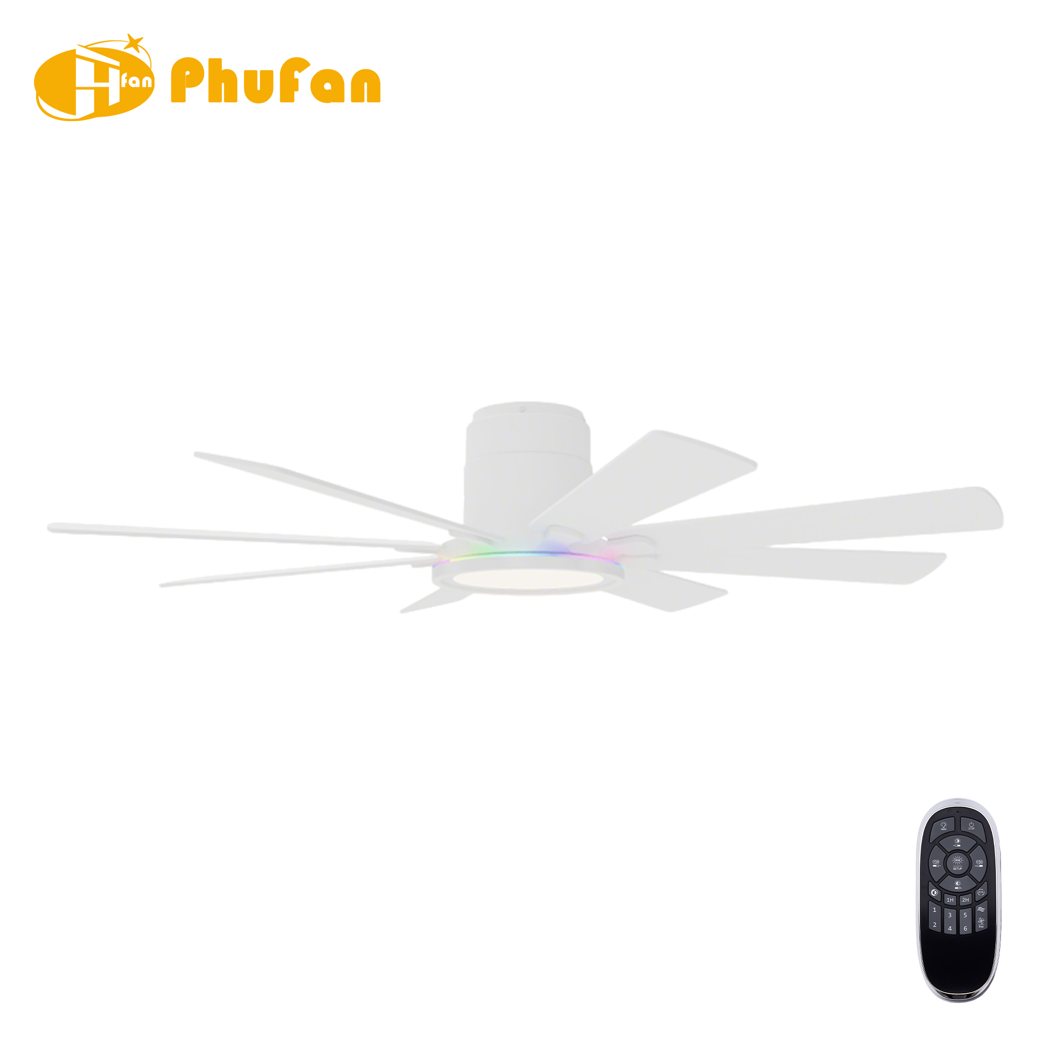 Large Flush Mount Ceiling Fan with RGB Light and Remote - 8 Blades