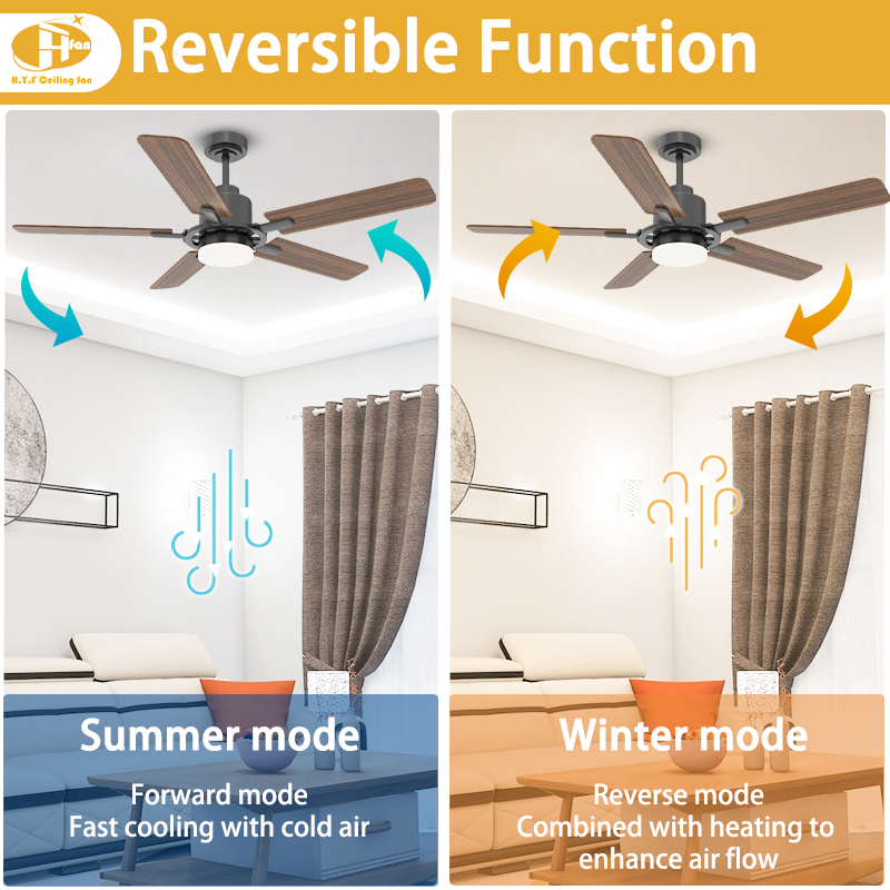 Farmhouse fan with five wood-grain blades and a round light, with arrows illustrating forward and reverse airflow.