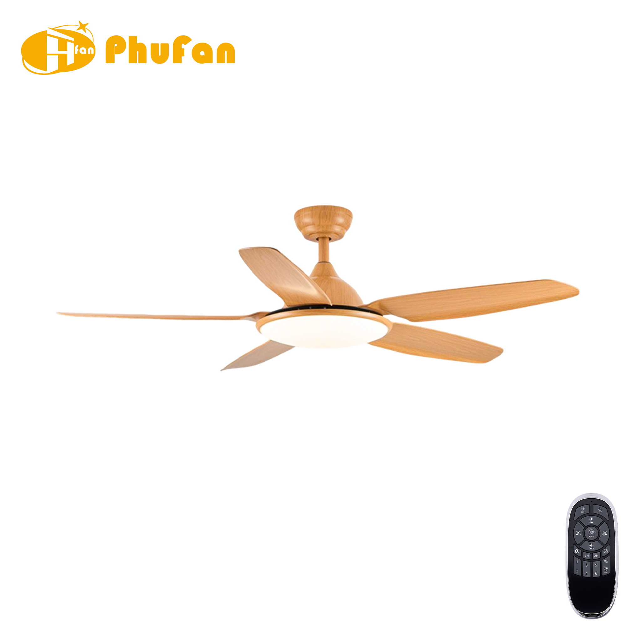 Five-blade fan light in a light wood-grain finish, with matching housing and downrod, shown beside a handheld remote.