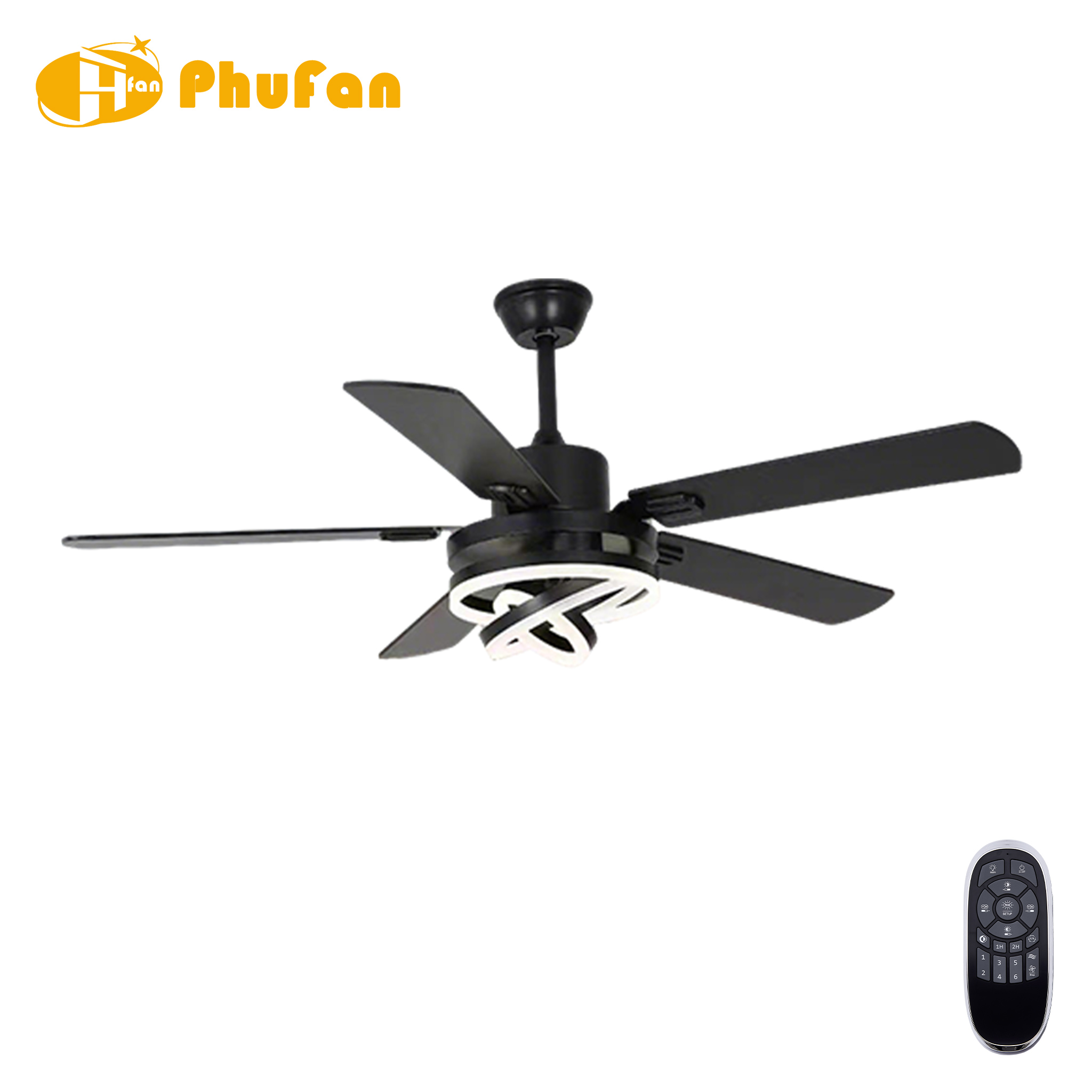Ceiling fan with reversible motor and light, five black blades and intertwined LED rings pictured beside a remote.
