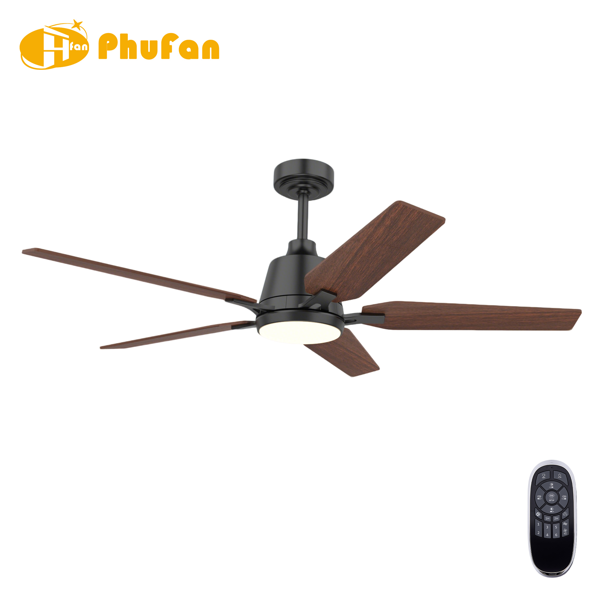 Five wood-grain blades on a black fan light with a short downrod and round diffuser, shown beside its remote.