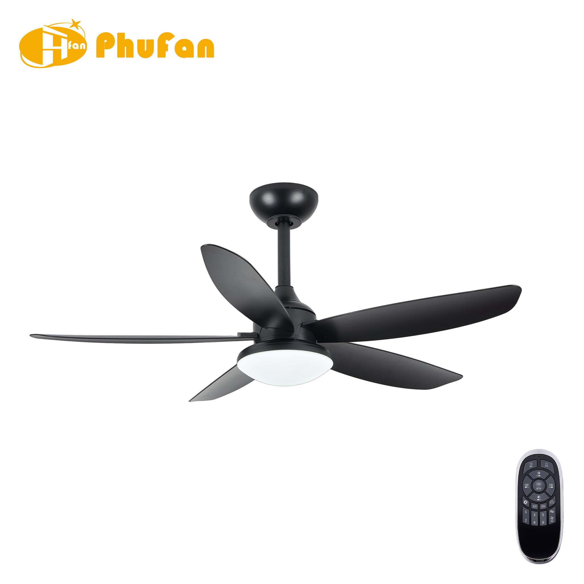 Small black ceiling fan with light, three curved ABS blades and a round diffuser pictured beside a remote.