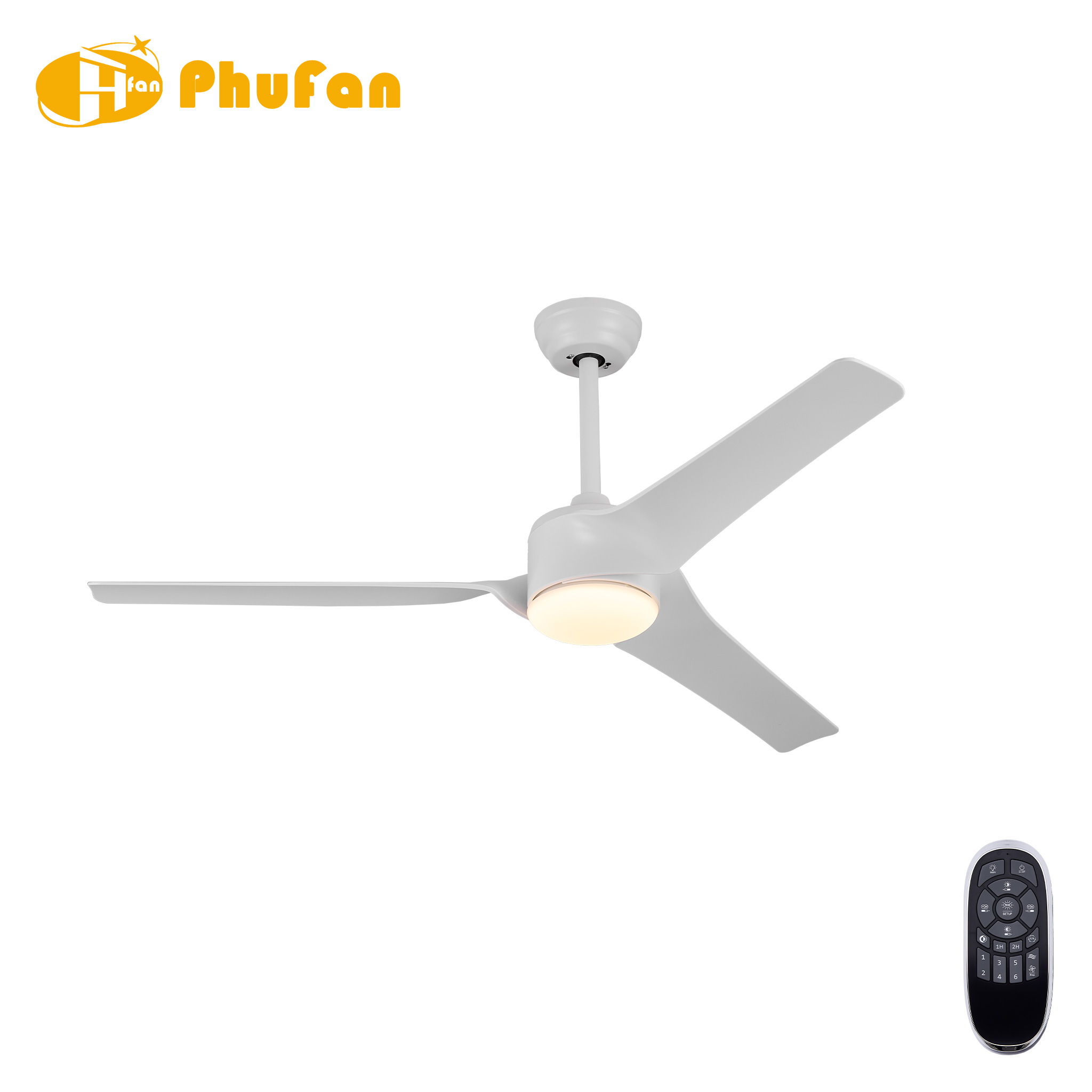 52, 60 or 72 inch white ceiling fan with light, three ABS blades and a matching white downrod.