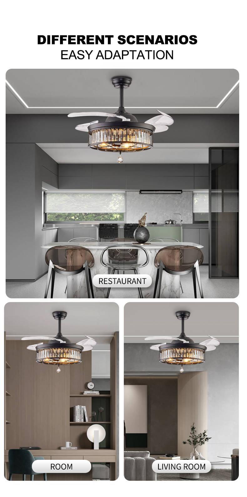 Mesh Crystal Retractable Fan Light Fixture Remote Dimmable Ventilation Lamp