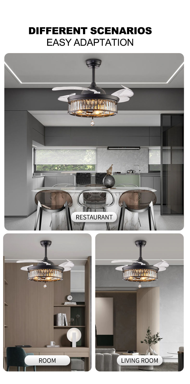 Thumbnail: Mesh Crystal Retractable Fan Light Fixture Remote Dimmable Ventilation Lamp