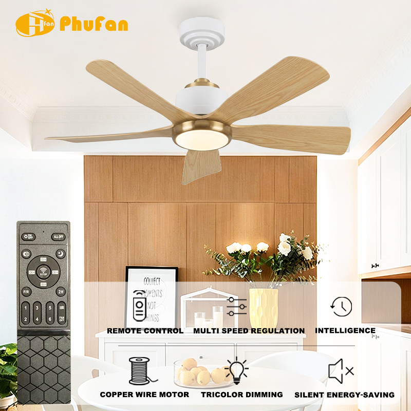 Ceiling Fan with LED Light and Remote - 5 ABS Blades with Gold Trim