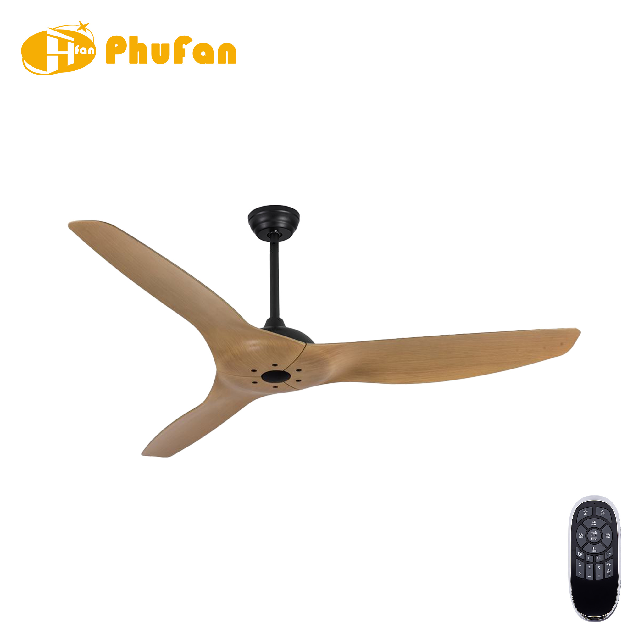 52-inch ceiling fan without a light, with three wood-grain ABS blades, black downrod and a handheld remote.