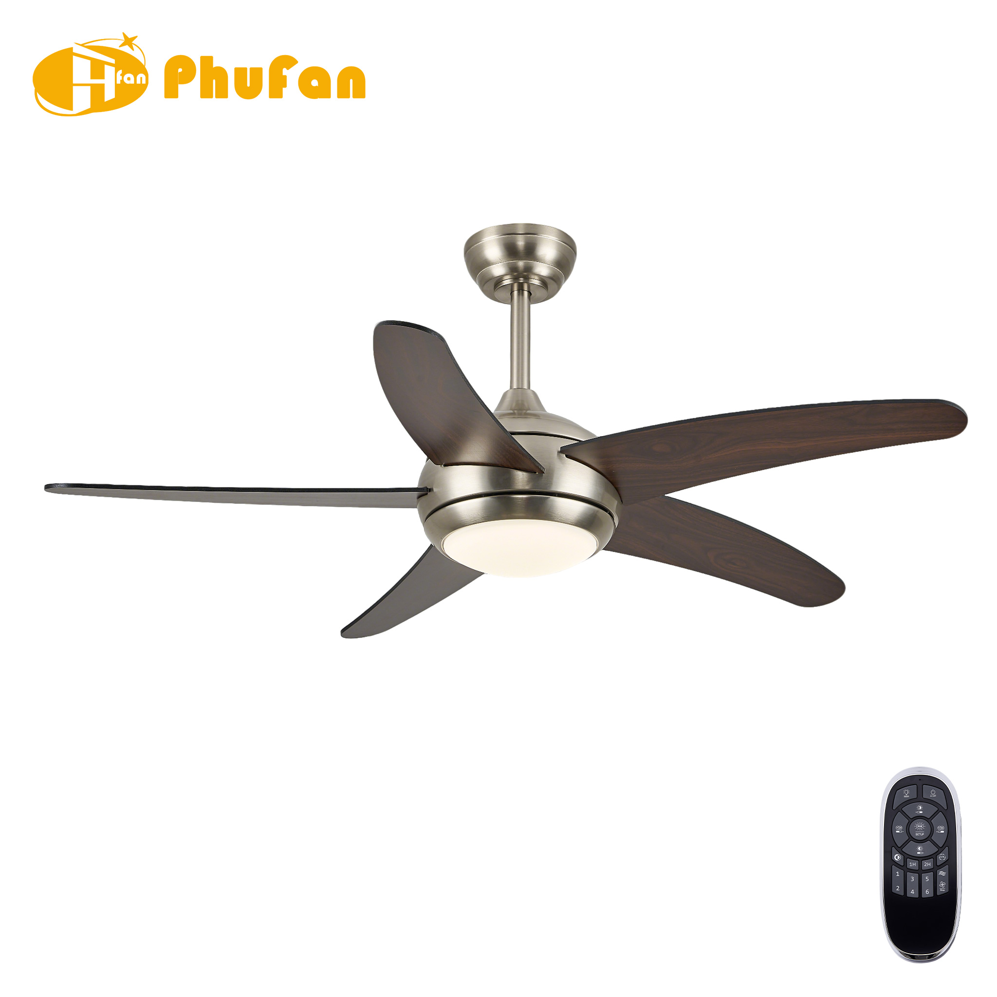 Retro ceiling fan with light and quiet motor, five dark wood-grain ABS blades and brushed nickel housing, beside a remote.
