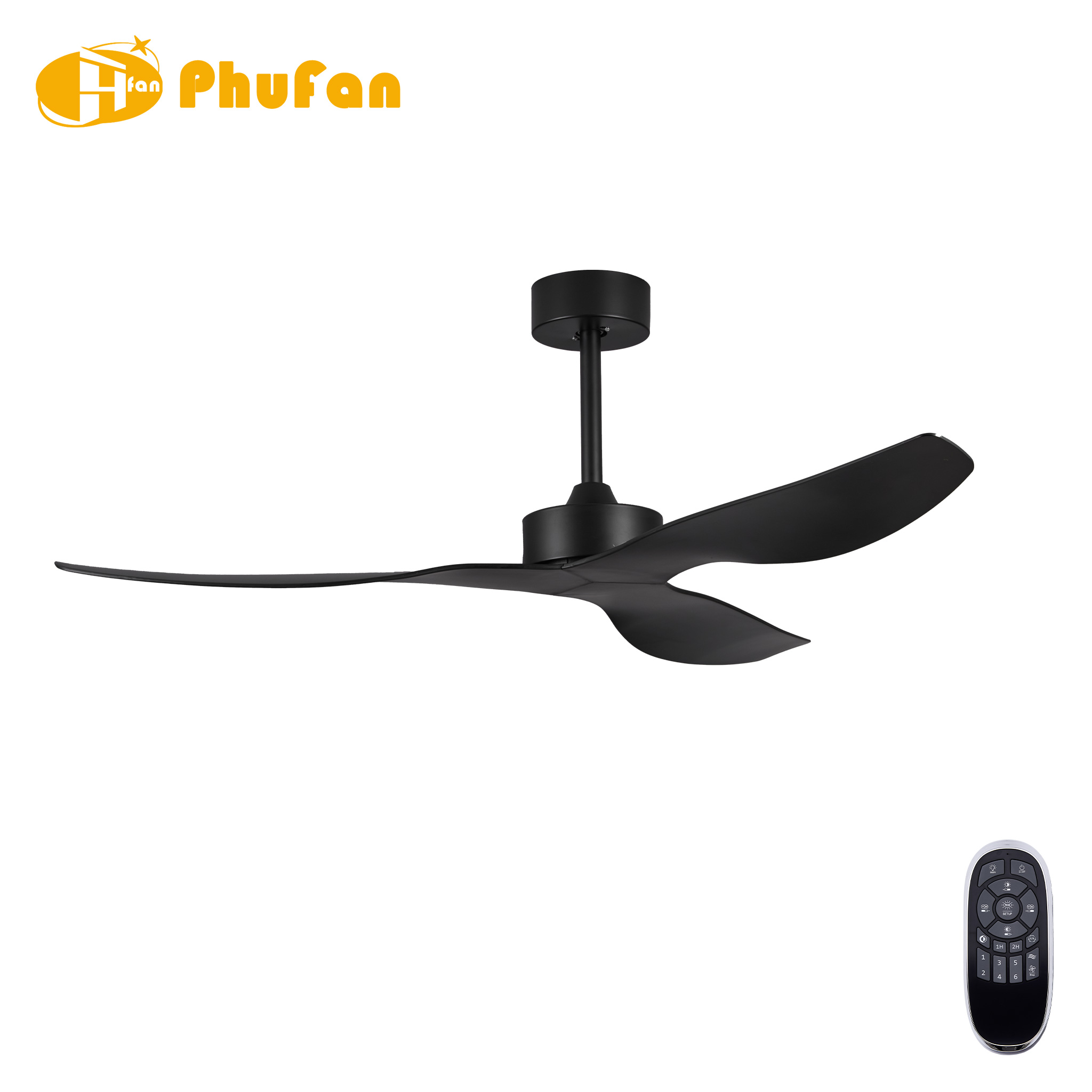 Matte black ceiling fan without a light, with three curved blades and a matching downrod, beside its remote.