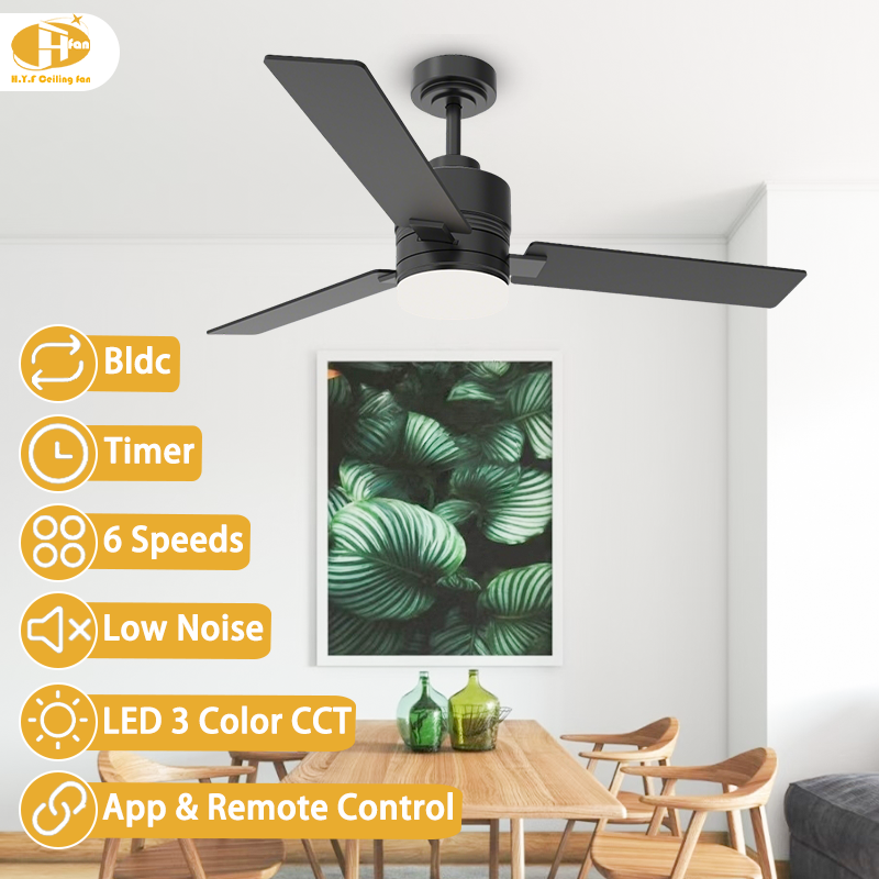 Matte black ceiling fan with light for kitchen, three straight ABS blades pictured above a dining table.