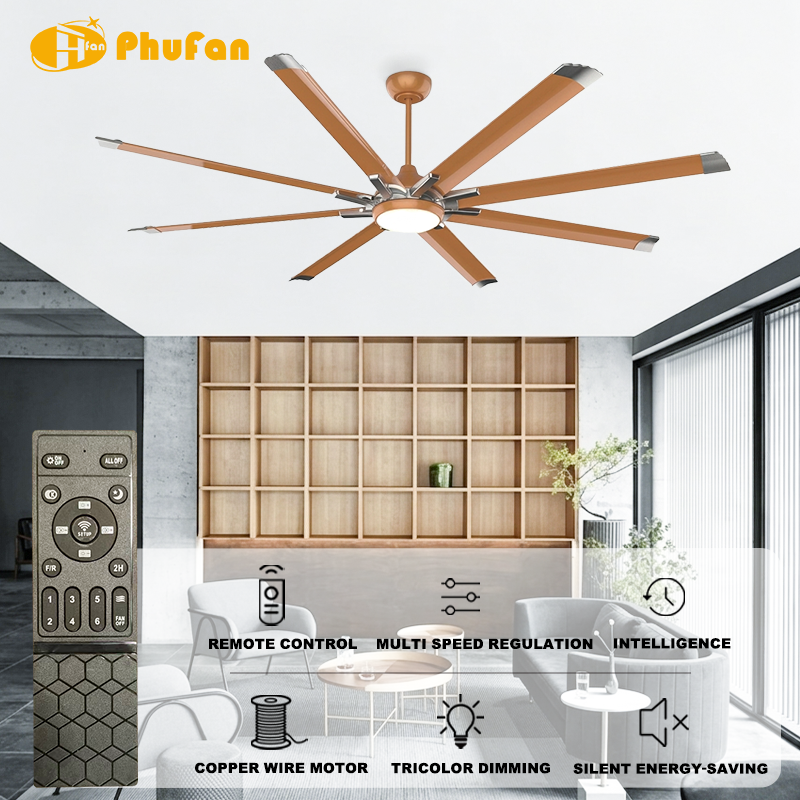 Large Ceiling Fan with Light - 8 Orange Blades with Silver Tips