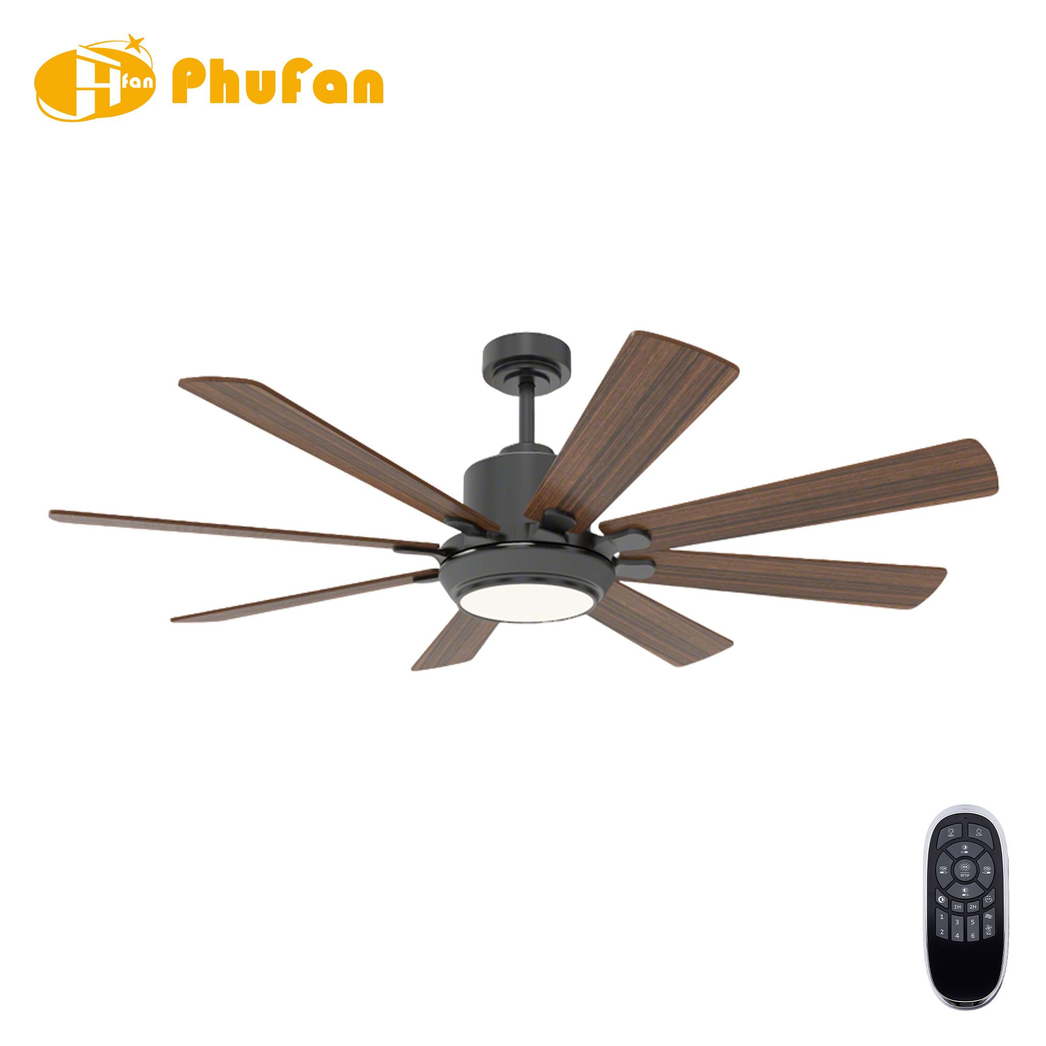 Eight wood-grain plywood blades on a black fan light with a short downrod, shown beside its remote.