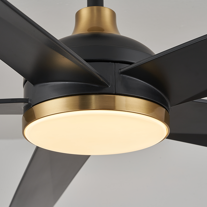 Geometric Black Ceiling Fan with LED Light and Brass Accents